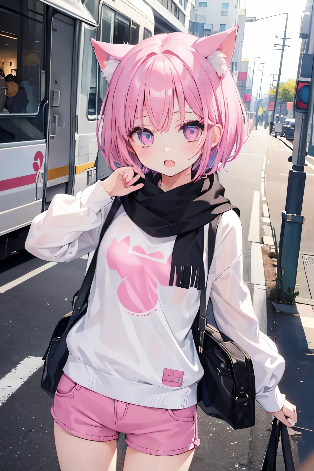 Very beautiful and shining eyes、shining eyes、1 girl、small breasts、big mouth、small breasts、Cat ear、Transparent pink short hair、scarf、hot pants、7 girl、childish clothes