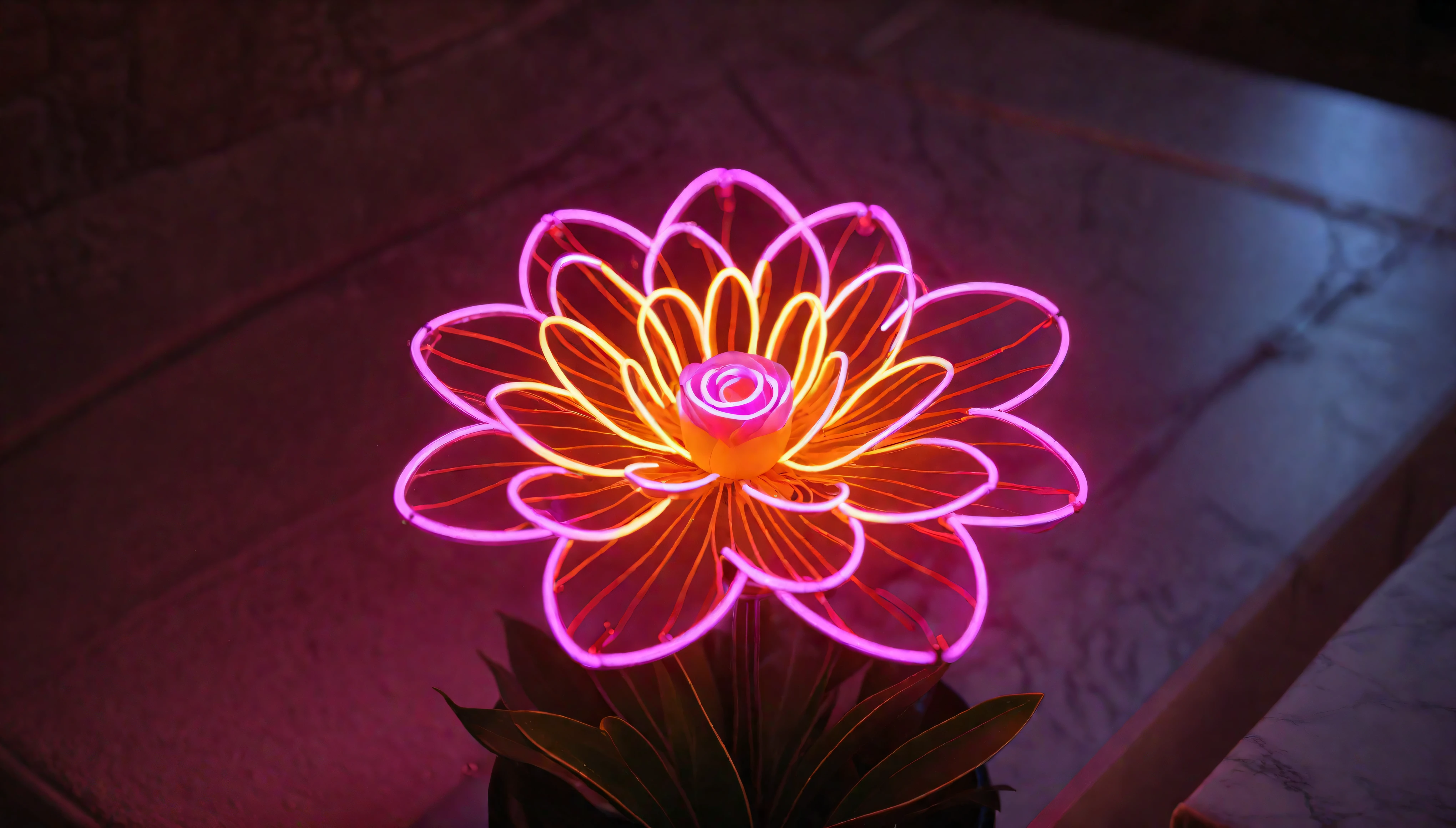 ((Masterpiece in maximum 16K resolution):1.6),((soft_color_photograpy:)1.5), ((Ultra-Detailed):1.4),((Movie-like still images and dynamic angles):1.3). | (Macro shot cinematic photo of a neon sign lamp in a fancy bathroom mirror), ((flower neon sign):1.5), (dim background), (macro lens), (illuminate), (luminous object), (fancy bathroom), (shimmer), (aromatic flowers), (visual experience),(Realism), (Realistic),award-winning graphics, dark shot, film grain, extremely detailed, Digital Art, rtx, Unreal Engine, scene concept anti glare effect, All captured with sharp focus. | Rendered in ultra-high definition with UHD and retina quality, this masterpiece ensures anatomical correctness and textured skin with super detail. With a focus on high quality and accuracy, this award-winning portrayal captures every nuance in stunning 16k resolution, immersing viewers in its lifelike depiction. | ((perfect_composition, perfect_design, perfect_layout, perfect_detail, ultra_detailed)), ((enhance_all, fix_everything)), More Detail, Enhance.