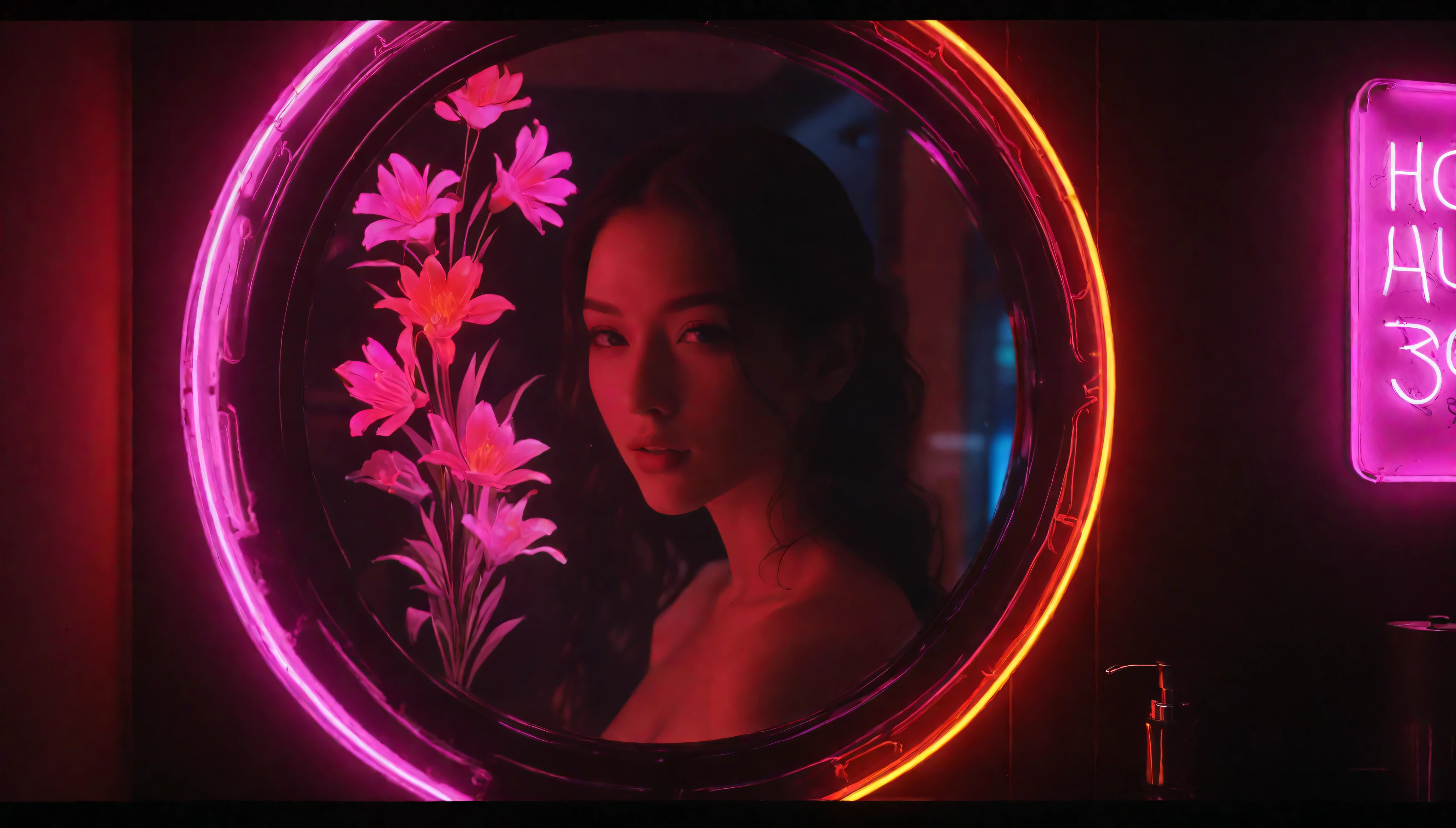 ((Masterpiece in maximum 16K resolution):1.6),((soft_color_photograpy:)1.5), ((Ultra-Detailed):1.4),((Movie-like still images and dynamic angles):1.3). | (Macro shot cinematic photo of a neon sign lamp in a fancy bathroom mirror), ((neon sign):1.5), (dim background), (macro lens), (illuminate), (luminous object), (fancy bathroom), (shimmer), (aromatic flowers), (visual experience),(Realism), (Realistic),award-winning graphics, dark shot, film grain, extremely detailed, Digital Art, rtx, Unreal Engine, scene concept anti glare effect, All captured with sharp focus. | Rendered in ultra-high definition with UHD and retina quality, this masterpiece ensures anatomical correctness and textured skin with super detail. With a focus on high quality and accuracy, this award-winning portrayal captures every nuance in stunning 16k resolution, immersing viewers in its lifelike depiction. | ((perfect_composition, perfect_design, perfect_layout, perfect_detail, ultra_detailed)), ((enhance_all, fix_everything)), More Detail, Enhance.