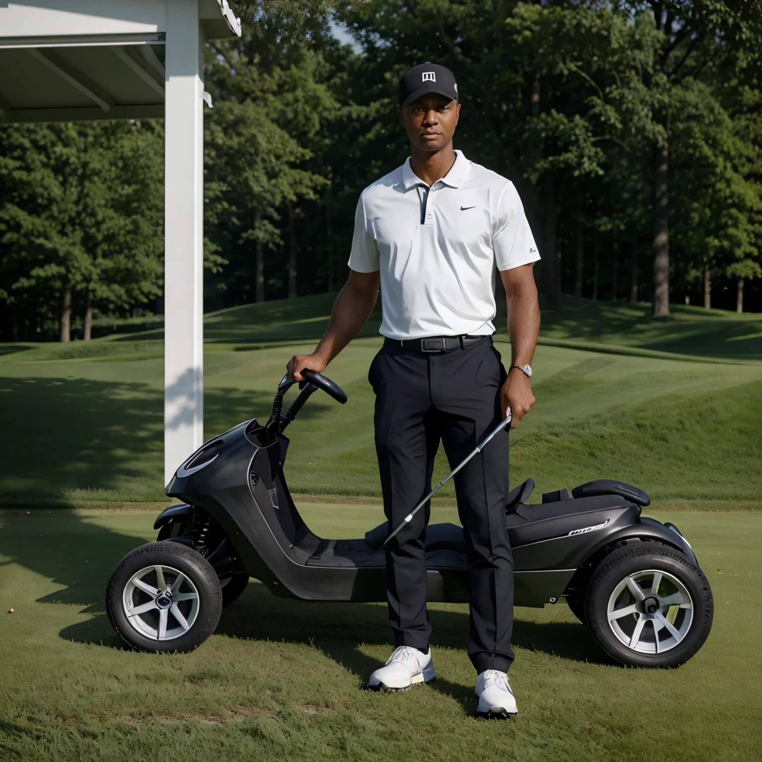 Erstelle ein Bild von einer Person, die auf einem golf Platz steht mit einem Golfkart im Hintergrund der Person. Die Person soll wie ein skandinavischer Krieger aussehen gekreuzt im Kleidungsstil wie Tiger Woods. He is also said to be holding a golf club