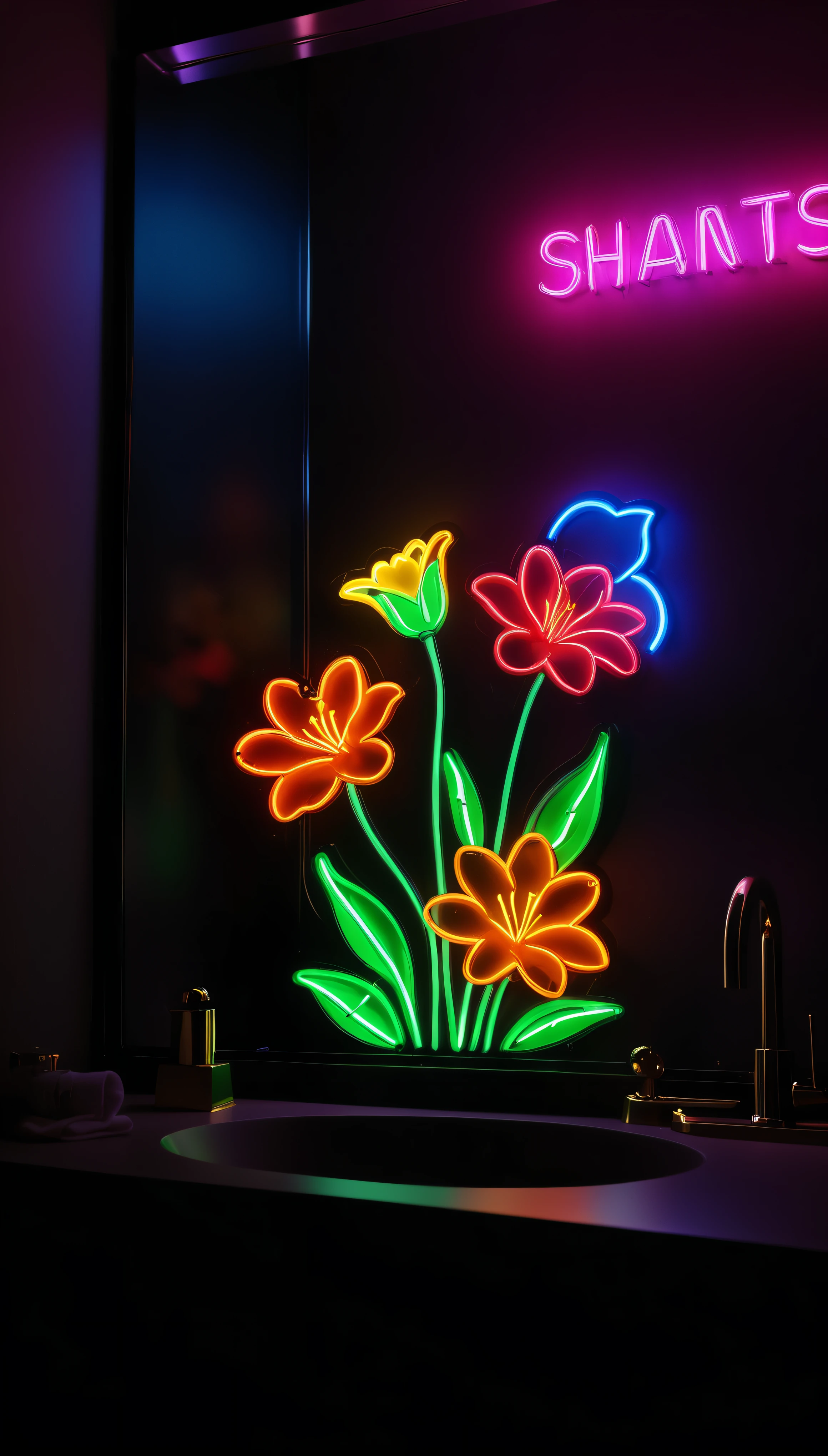 ((Masterpiece in maximum 16K resolution):1.6),((soft_color_photograpy:)1.5), ((Ultra-Detailed):1.4),((Movie-like still images and dynamic angles):1.3). | (Macro shot cinematic photo of a neon sign lamp in a fancy bathroom mirror), ((flower neon sign):1.5), (dim background), (macro lens), (illuminate), (luminous object), (fancy bathroom), (shimmer), (aromatic flowers), (visual experience),(Realism), (Realistic),award-winning graphics, dark shot, film grain, extremely detailed, Digital Art, rtx, Unreal Engine, scene concept anti glare effect, All captured with sharp focus. | Rendered in ultra-high definition with UHD and retina quality, this masterpiece ensures anatomical correctness and textured skin with super detail. With a focus on high quality and accuracy, this award-winning portrayal captures every nuance in stunning 16k resolution, immersing viewers in its lifelike depiction. | ((perfect_composition, perfect_design, perfect_layout, perfect_detail, ultra_detailed)), ((enhance_all, fix_everything)), More Detail, Enhance.