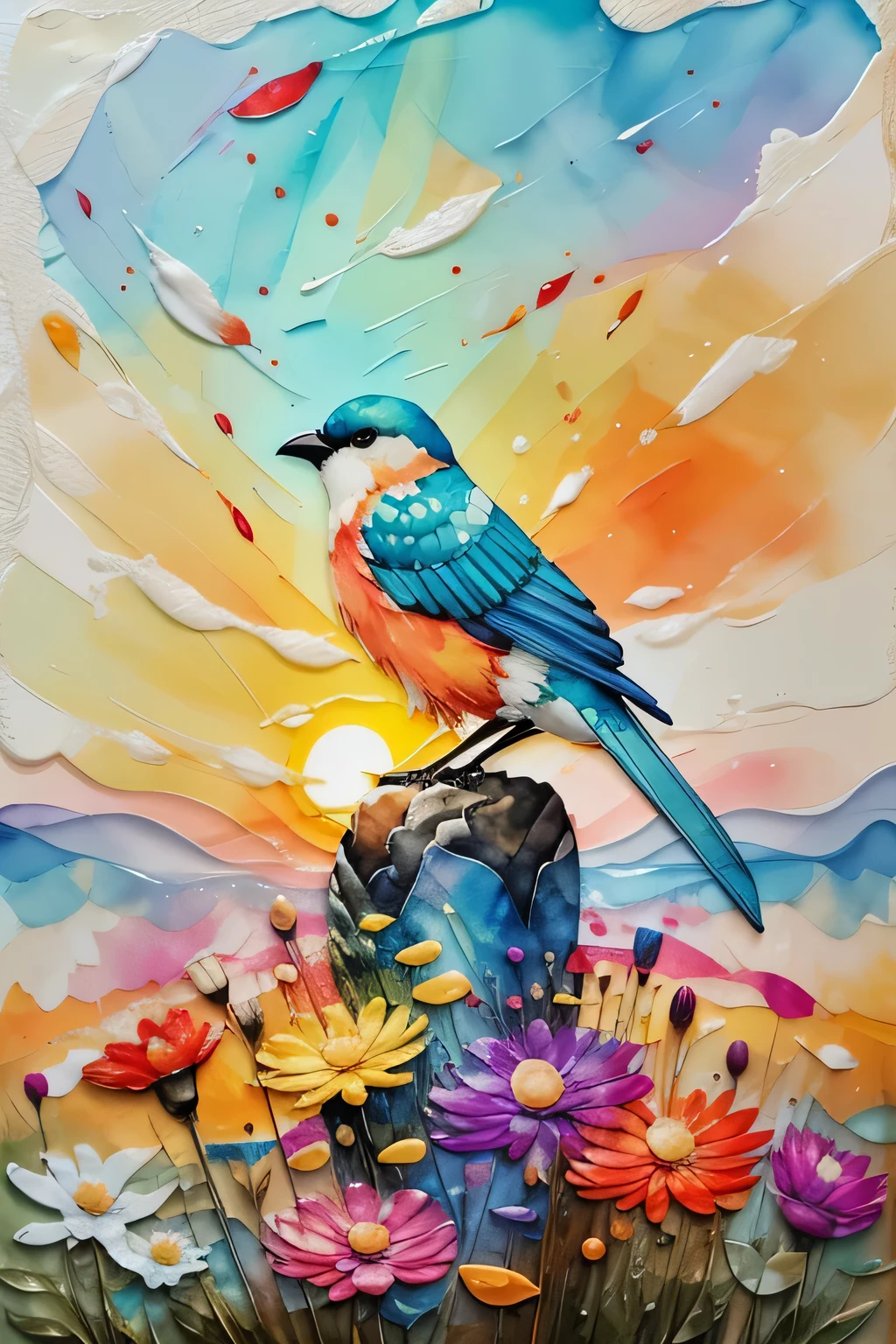 bird, sunrise, flower field, Alcohol ink and impasto mixing,  thunderclap, 
yang08k,  fair,  rich and colorful,
masterpiece, top quality, best quality, official art, fair and aesthetic,
