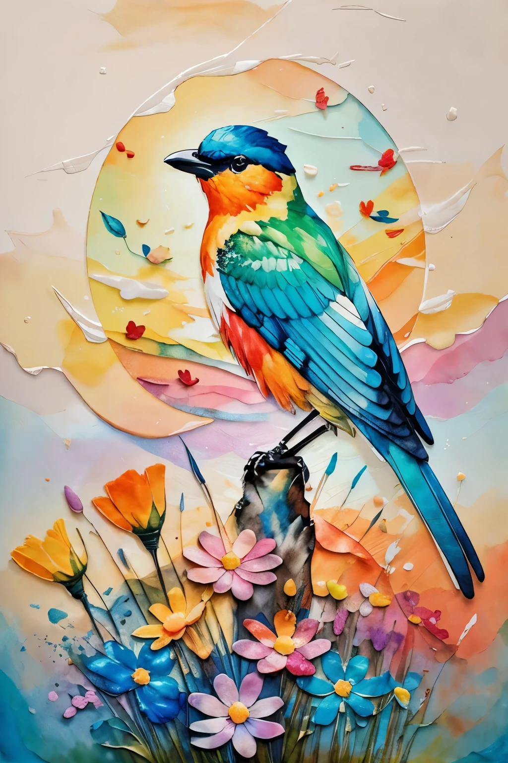 bird, sunrise, flower field, Alcohol ink and impasto mixing,  thunderclap, 
yang08k,  fair,  rich and colorful,
masterpiece, top quality, best quality, official art, fair and aesthetic,
