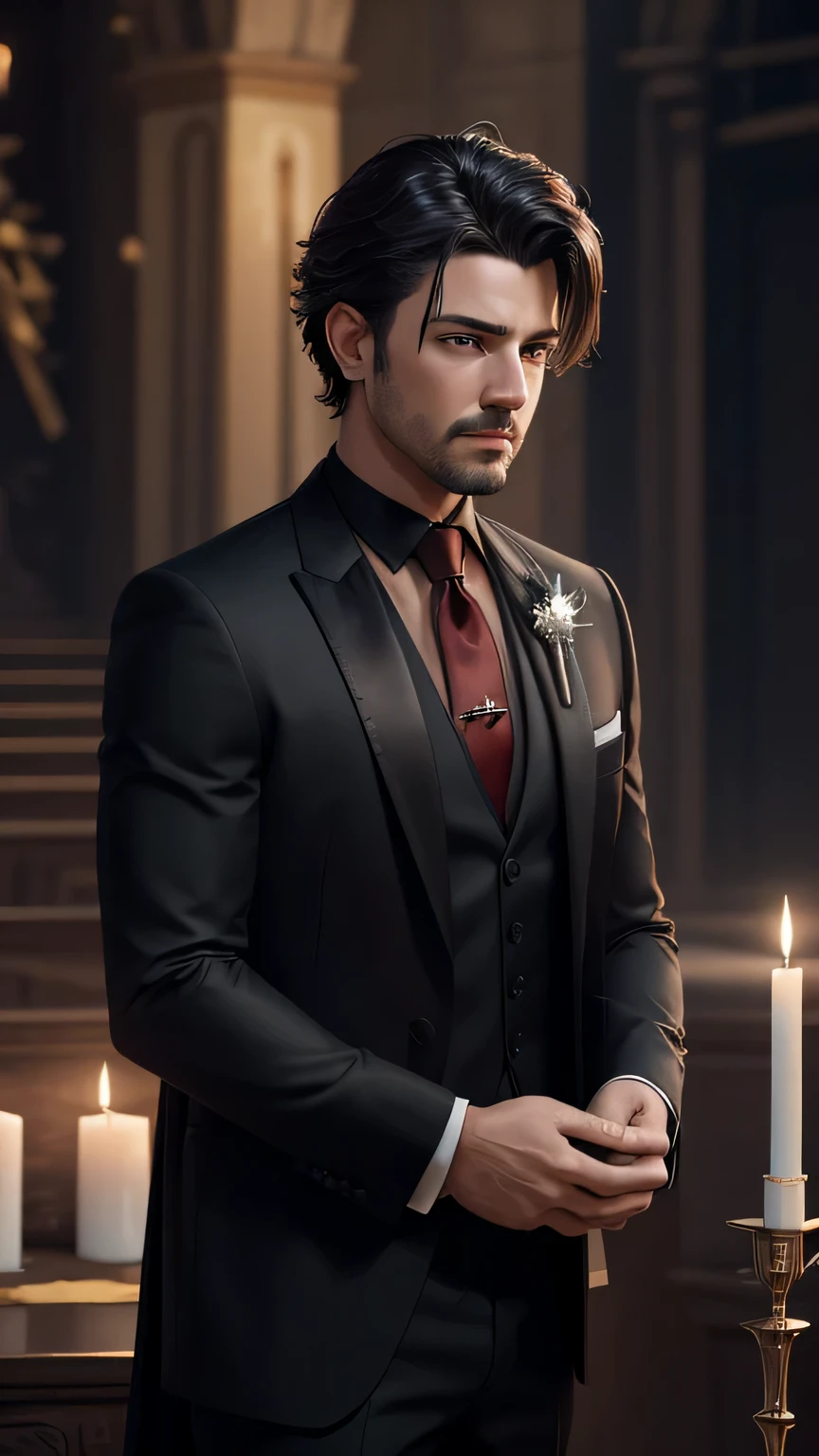 (Masterpiece), best quality, highest quality, highly detailed CG unity 8k wallpaper, original, high resolution, (depth of field: 1.5), fidelity: 1.3, masculine, groom portrait style, boy facing left, altar background candle at the back, black wedding suit, red wedding necktie, solo, earrings, black_hair, facing left