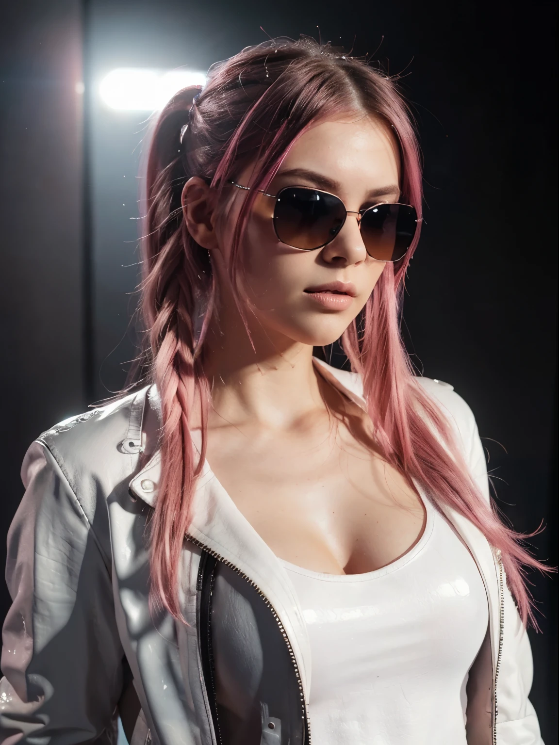 European girl with tint sunglasses Pink hair, in a photo shouting room, attractive lips, stunningly beautiful woman, posing like a professional model, feminine form, stunningly gorgeous, flirty and playful, film photography, extreme detail, 4k, ultra hd hyperrealism, trending on artstation, polished, photorealistic, backlight, hair light, 8k ultra hd. 23 years oldPerfect body , Full body clothed view, Tall ,detailed skin, skin texture), t-shirt white and ((leather jacket)) ,casual , pastel dark  pink very long hair, pink twintail hair , , ((( black  background))), (detailed skin, skin texture) ,Highest-quality , High Detailed photo ,((tint sunglasses))