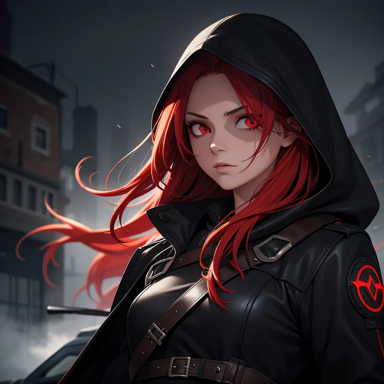 Best quality, realistic, a girl with red hair and detailed eyes and face, lightning bolts around, red glowing eyes, wearing a black dress, with a black overcoat, and a person with a black hood over their head. The scene depicts a huntress inspired by the style of Van Helsing. The background is a dark, mysterious setting with dimly lit streets and fog. The colors are rich and vibrant, with a dark and moody color palette. The lighting is dramatic, casting long shadows and highlighting the girl's determined expression. The overall image should have a cinematic and thrilling atmosphere, capturing the essence of a fierce and skilled huntress in action.