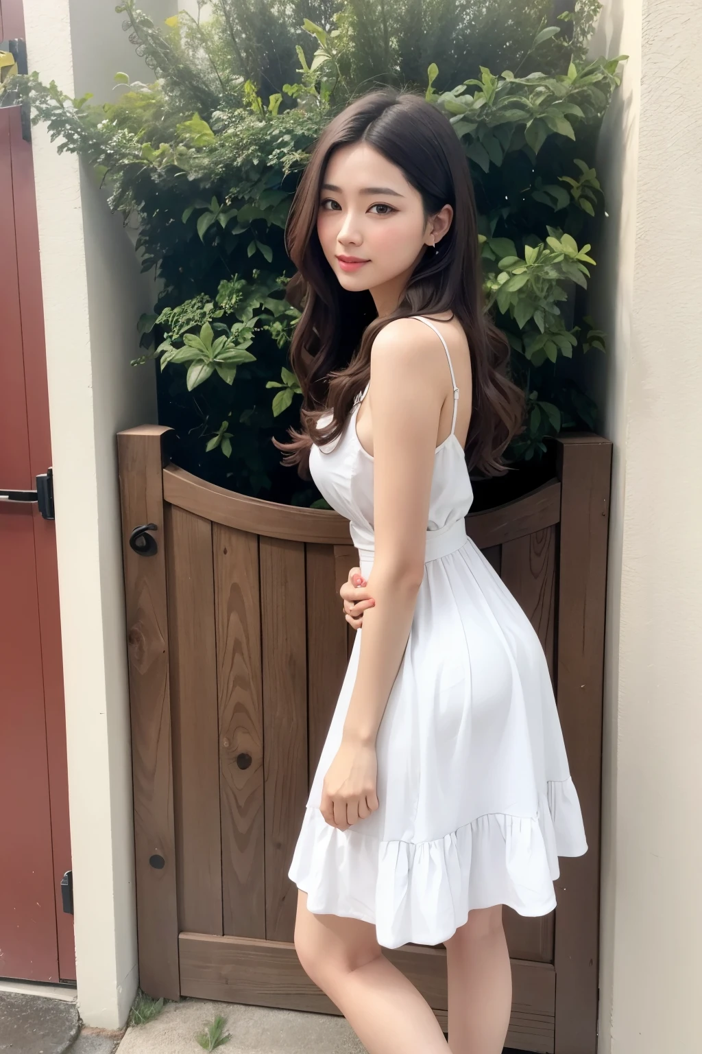 A woman in a white dress standing in front of a wooden door - SeaArt AI