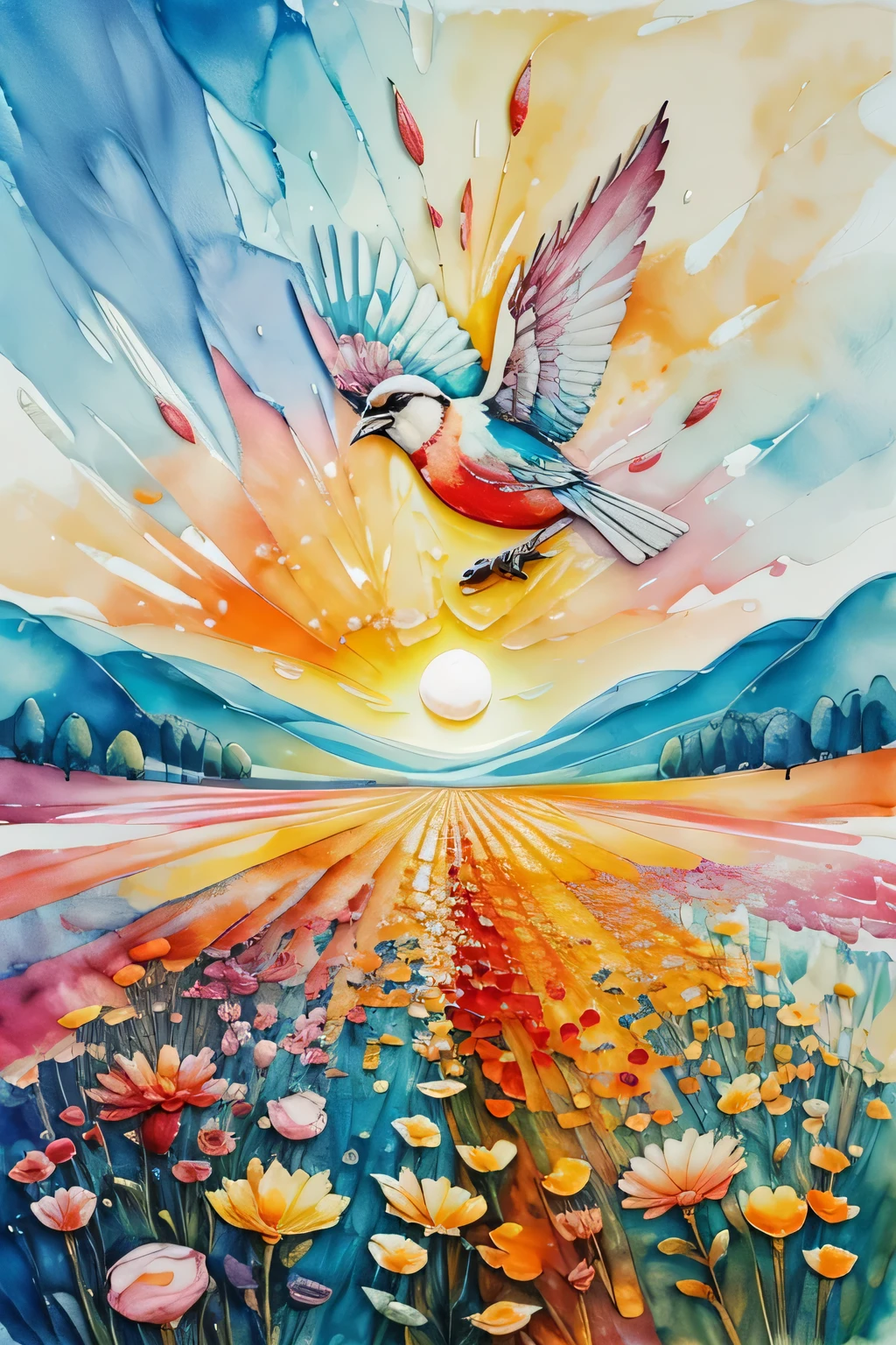 bird, sunrise, flower field, Alcohol ink and impasto mixing, thunderclap, yang08k, fair, rich and colorful, masterpiece, top quality, best quality, official art, fair and aesthetic,