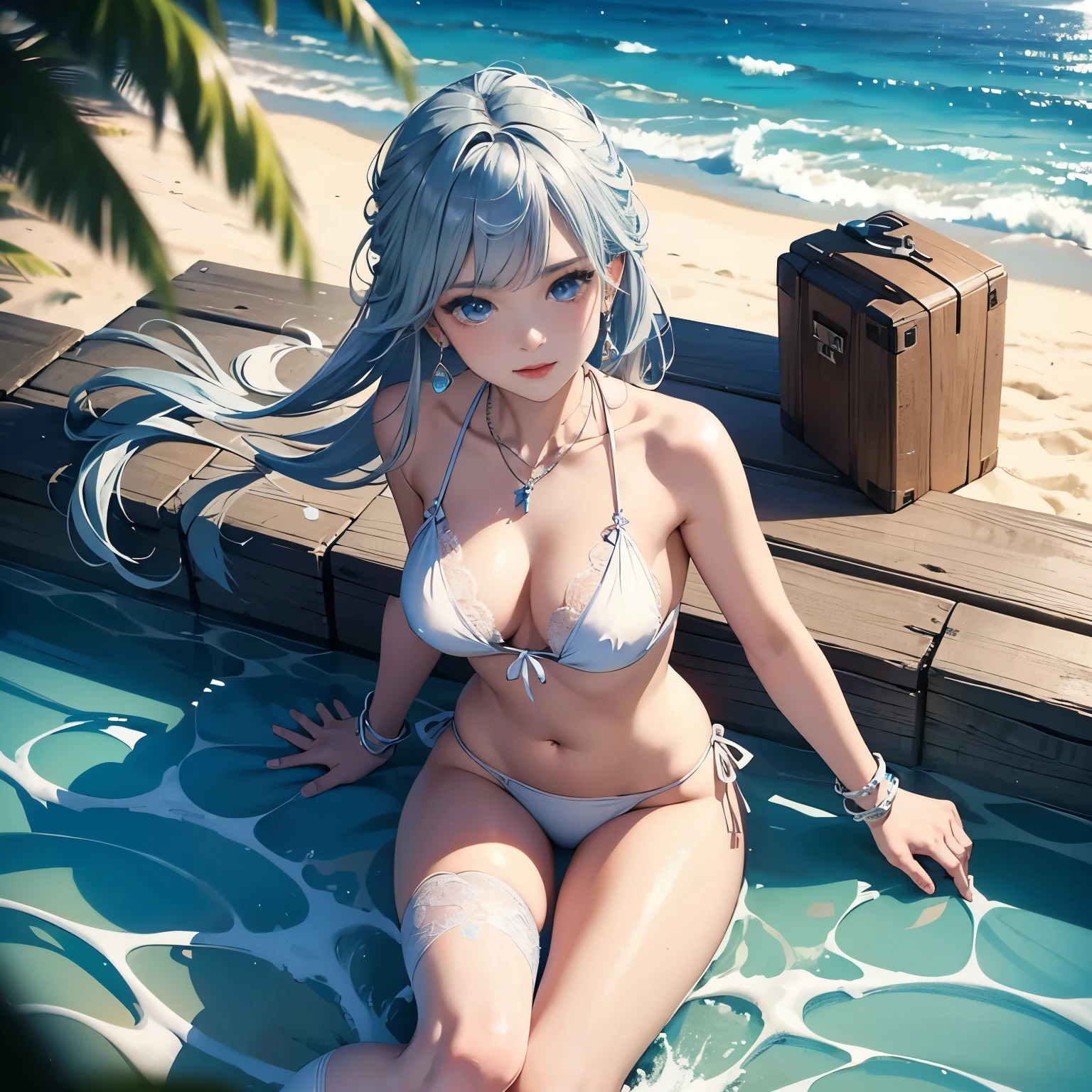 high angle,from above,(1girl),solo,(Kamisato Ayaka in Genshin Impact), ((masterpiece, highest resolution,best quality)), (beautiful illustration),(semi long beautiful silver blue hair),(beautiful blue eyes), (white beautiful elegant bikini swimsuit), (flat sitting in the sea),
 innocent smile, white over-kneehighs,Lace chalker, wristband, fingerless gloves, over-kneehighs,
Lace chalker, diamond necklace,wristband, fingerless gloves, earrings, windy,cinematic lighting, beach, sand, blue sky, waves, coconut tree,