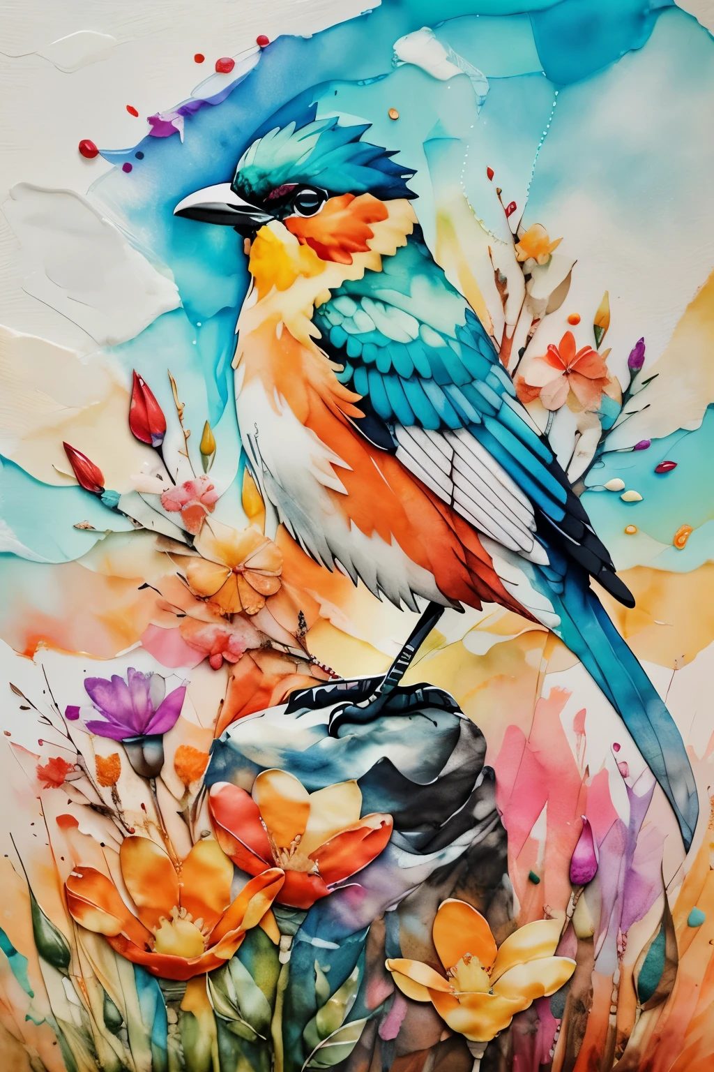 bird, sunrise, flower field, Alcohol ink and impasto mixing, thunderclap, yang08k, fair, rich and colorful, masterpiece, top quality, best quality, official art, fair and aesthetic,