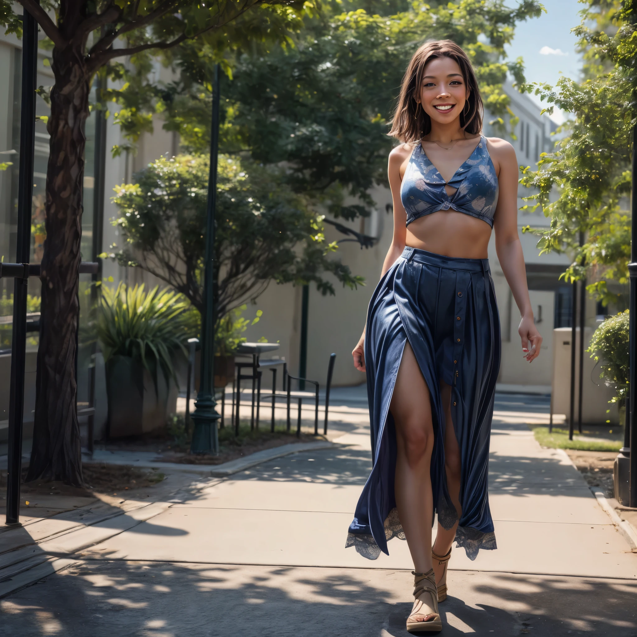 (best quality,4k,8k,highres,masterpiece:1.2),ultra-detailed, College Girl dancing in around campus, strutting her stuff, Smiling and laughing, Flirting with the viewer, seducing viewer, large breasts, thin waist, white skirt, pink top, college campus, public street, daylight, HDR, 8k, absurdres, cinestill 800, sharp focus, add_detail:3 (solo woman)