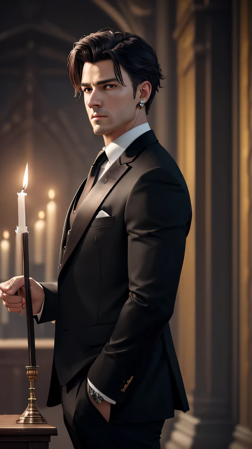 (Masterpiece), best quality, highest quality, highly detailed CG unity 8k wallpaper, original, high resolution, (depth of field: 1.5), fidelity: 1.3, masculine, groom portrait style, boy facing left, altar background candle at the back, black wedding suit, red wedding necktie, solo, earrings, black_hair, facing left 