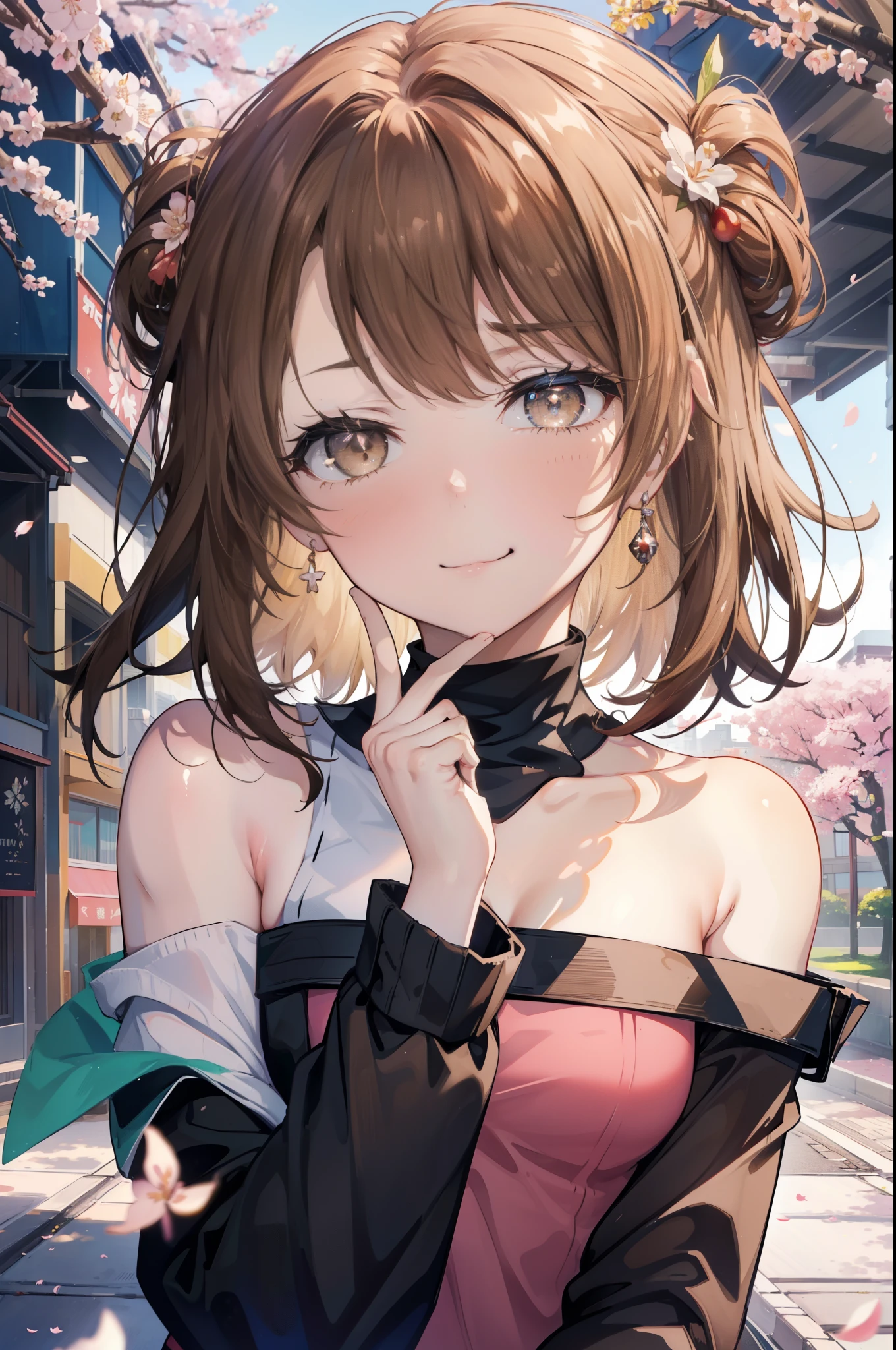 irohaisshiki, iroha isshiki, long hair, brown hair, (brown eyes:1.5), happy smile, smile, open your mouth,Put your hand over your mouth and make a peace sign,towards the camera,off shoulder sweater,bare shoulders,bare clavicle,naked neck,black long skirt,black tights,short boots,cherry blossoms are blooming,Cherry blossoms are scattered,
break indoors, Cherry blossom tree-lined path,
break looking at viewer,Upper body,
break (masterpiece:1.2), highest quality, High resolution, unity 8k wallpaper, (shape:0.8), (fine and beautiful eyes:1.6), highly detailed face, perfect lighting, Very detailed CG, (perfect hands, perfect anatomy),
