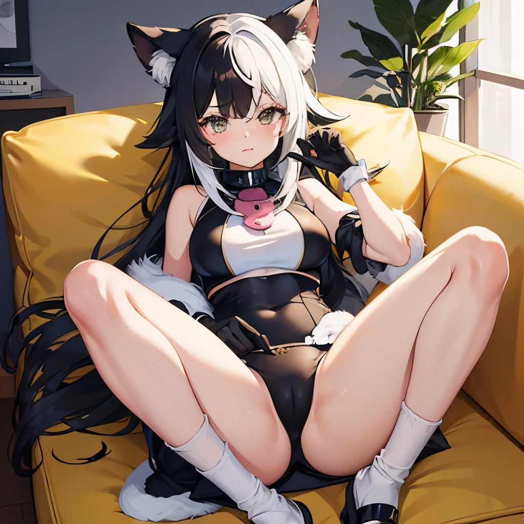 skunk furry girl, release yellow fart, wearing pink cute outfit, she is blushing because of her fart