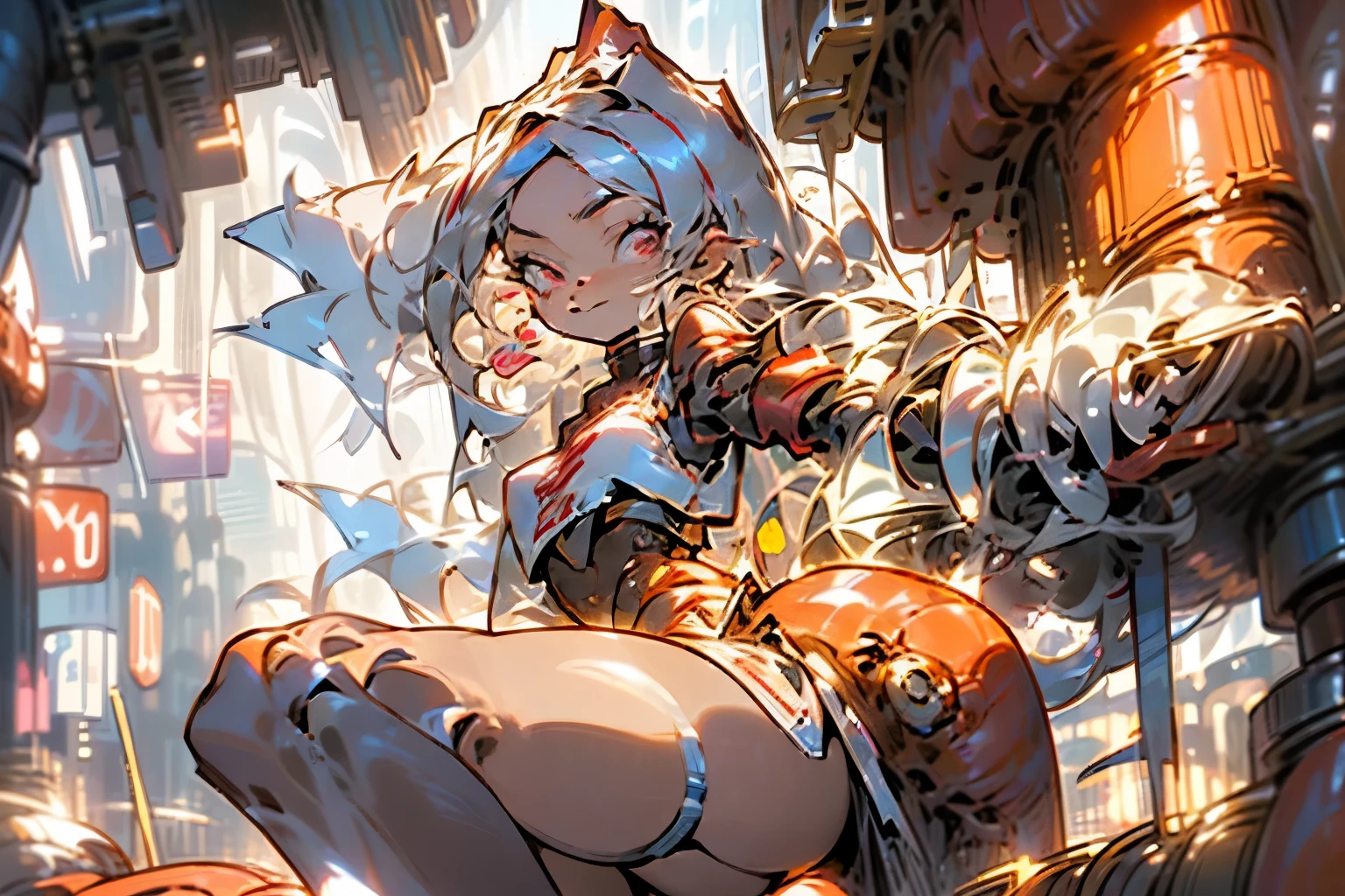 ((best quality)),in 8K,wide shot,cinematic lighting,ray trace, cute, kawaii,1 girl,teenager,silver brite hair,long hair,red eyes,eyes are shining so much,smile face,girl wearing fighting suit, skin color dark brown,skinny,girl is fighting against the huge lobster,the huge lobster is stamping the town