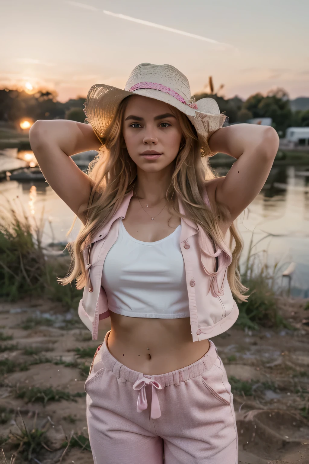 1girl in, age19, Solo, Long wavy hair, messy wind blown hair, blondehair, Full body, Colossal , outside by fence, wearing pink sleeveless vest, pink vest, wearing pink bell bottompants, bell bottoms, wearing white belt, wearing white cowboy hat, (extremely detailed 8k wallpaper), mood lighting, high quality, film grain, Fujifilm XT3 sharp focus, f 5.6, 50mm, High Detail, Sharp focus,(evening light), outdoor lighting, sunset, (seductive), Realistic, crazy details, complex details, hyper detailed,