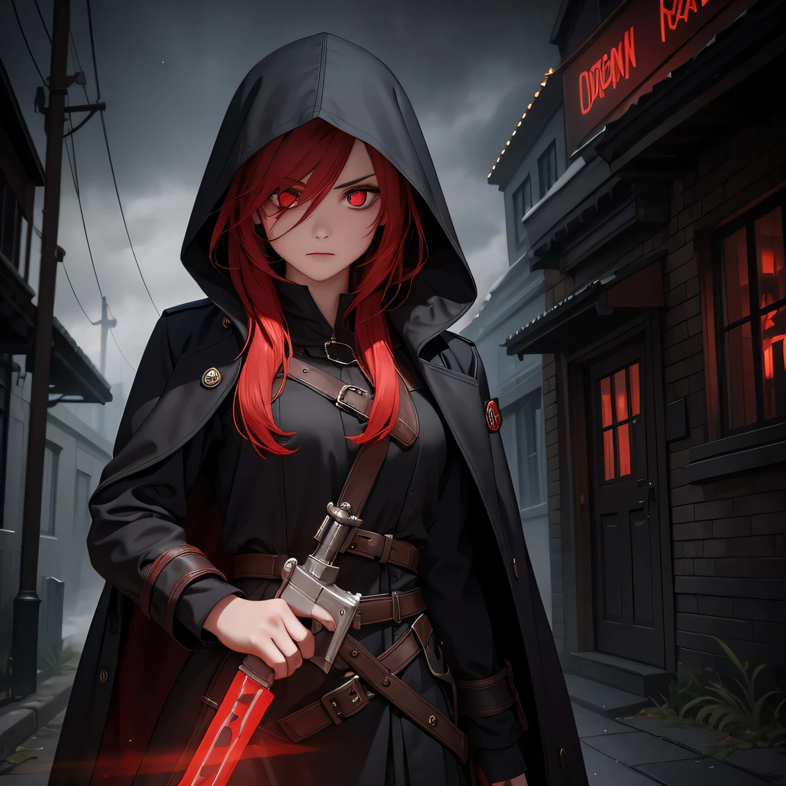 Best quality, realistic, a girl with red hair and detailed eyes and face, lightning bolts around, red glowing eyes, wearing a black dress, with a black overcoat, and a person with a black hood over their head. The scene depicts a huntress inspired by the style of Van Helsing. The background is a dark, mysterious setting with dimly lit streets and fog. The colors are rich and vibrant, with a dark and moody color palette. The lighting is dramatic, casting long shadows and highlighting the girl's determined expression. The overall image should have a cinematic and thrilling atmosphere, capturing the essence of a fierce and skilled huntress in action.