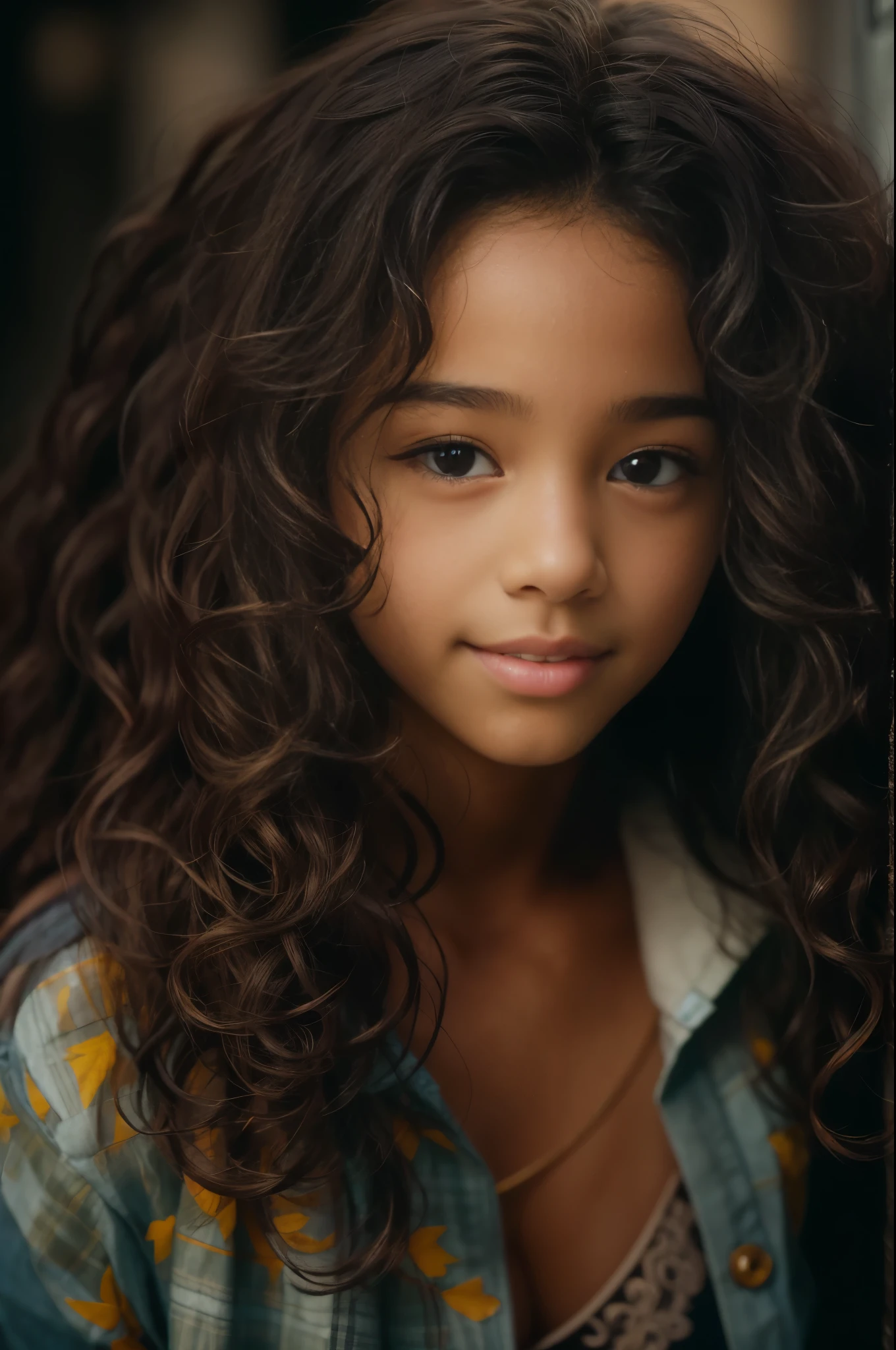 (portrait, editorial photograph of a beautiful black girl age 13, adorable face, long brown curly hair, ((hazel eyes)), nikon d850, film stock photograph ,4 kodak portra 400 ,camera f1.6 lens ,rich colors ,hyper realistic ,lifelike texture, dramatic lighting, (highly detailed face:1.4), perfect eyes, realistic iris, perfect teeth, (smile:0.7), (background dark, shadow of the leaves), (cleavage)
