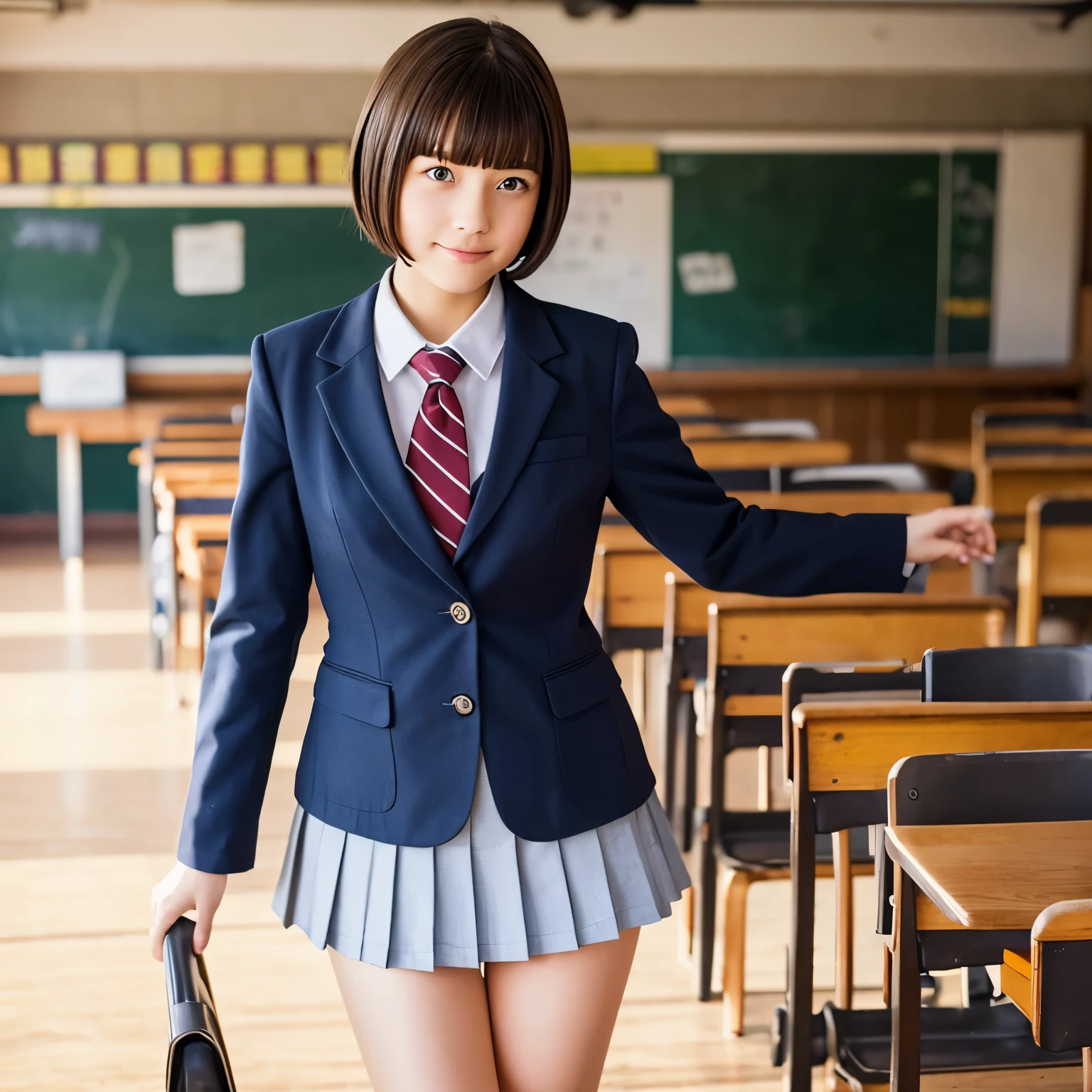 high school girl、classroom、uniform、mile、short hair、thighs、standing position、wind lift