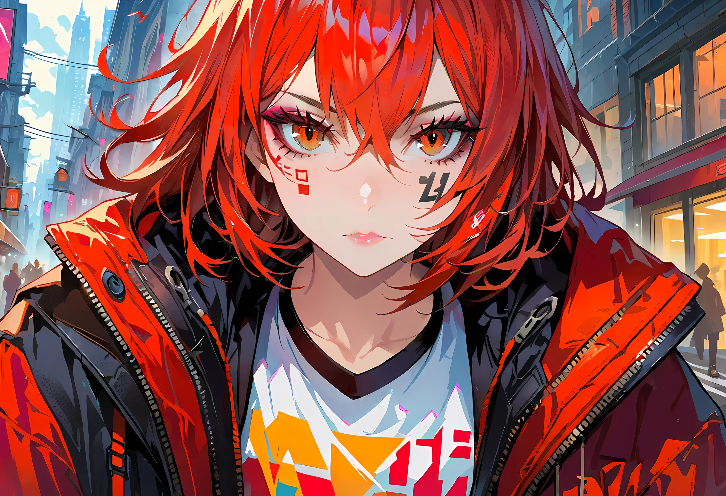 beautiful girl, bust, Bright red messy short hair, black eye shadow, (street style wear:1.2), (city background:1.2), dark makeup, The art of math, Popular topics on ArtStation, highly detailed, fine details, complex,  beautiful detailed glow, detailed, film light, high resolution, detailed facial features,sharp focus, Smooth, aesthetic,