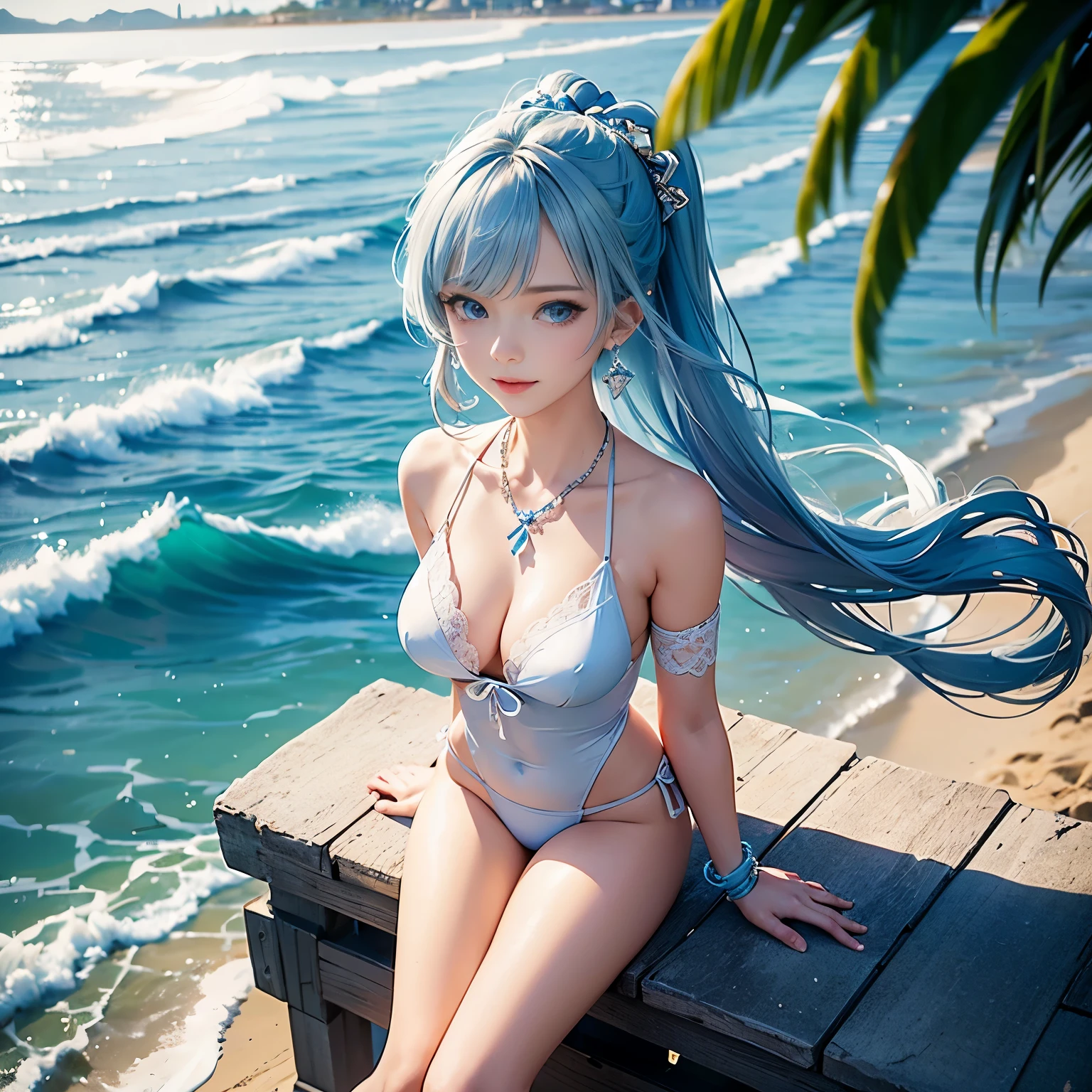 high angle,from above,(1girl),solo,(Kamisato Ayaka in Genshin Impact), ((masterpiece, highest resolution,best quality)), (beautiful illustration),(semi long beautiful silver blue hair),(beautiful blue eyes), (white beautiful elegant bikini swimsuit), (flat sitting in the sea),
innocent smile, white over-kneehighs,Lace chalker, wristband, fingerless gloves, over-kneehighs,
Lace chalker, diamond necklace,wristband, fingerless gloves, earrings, windy,cinematic lighting, beach, sand, blue sky, waves, coconut tree,