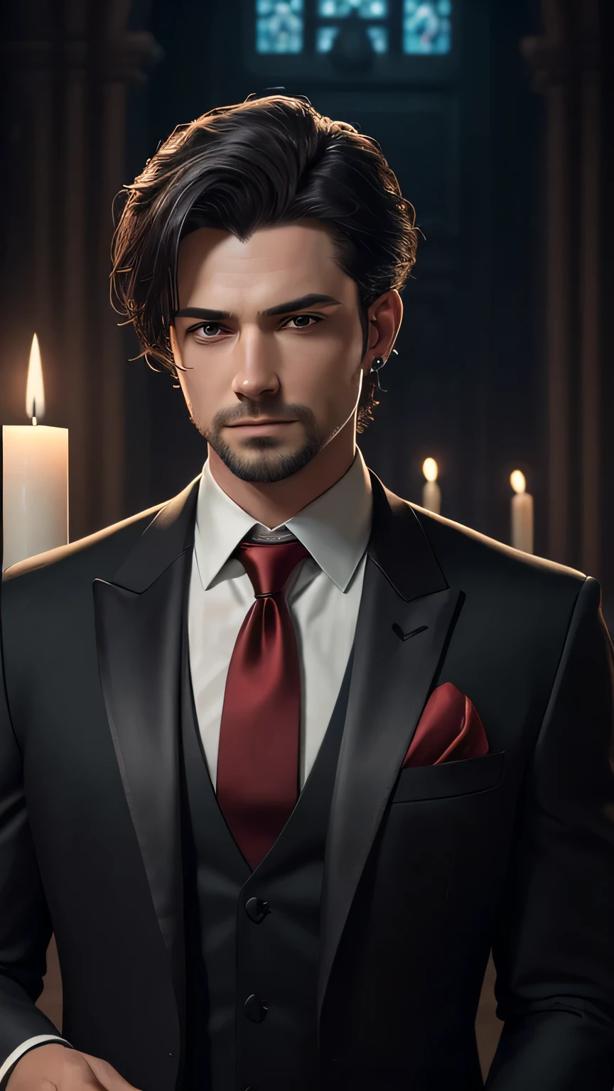 (Masterpiece), best quality, highest quality, highly detailed CG unity 8k wallpaper, original, high resolution, (depth of field: 1.5), fidelity: 1.3, masculine, groom portrait style, boy facing left, altar background candle at the back, black wedding suit, red wedding necktie, solo, earrings, black_hair, facing left