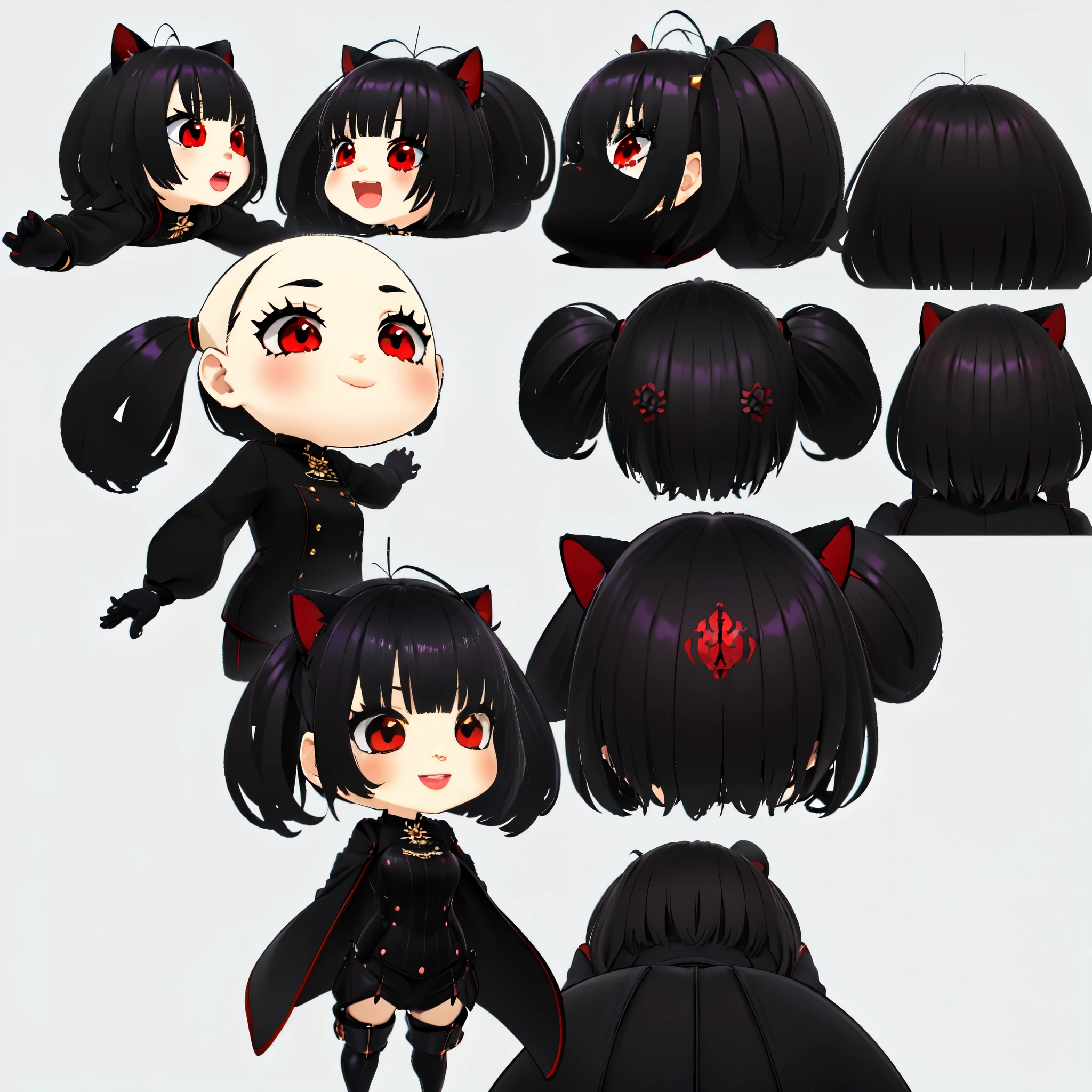 1Girl , black pigtails with cat ears , red eyes , :D , Chibi , Very detailed, sparkling_eyes