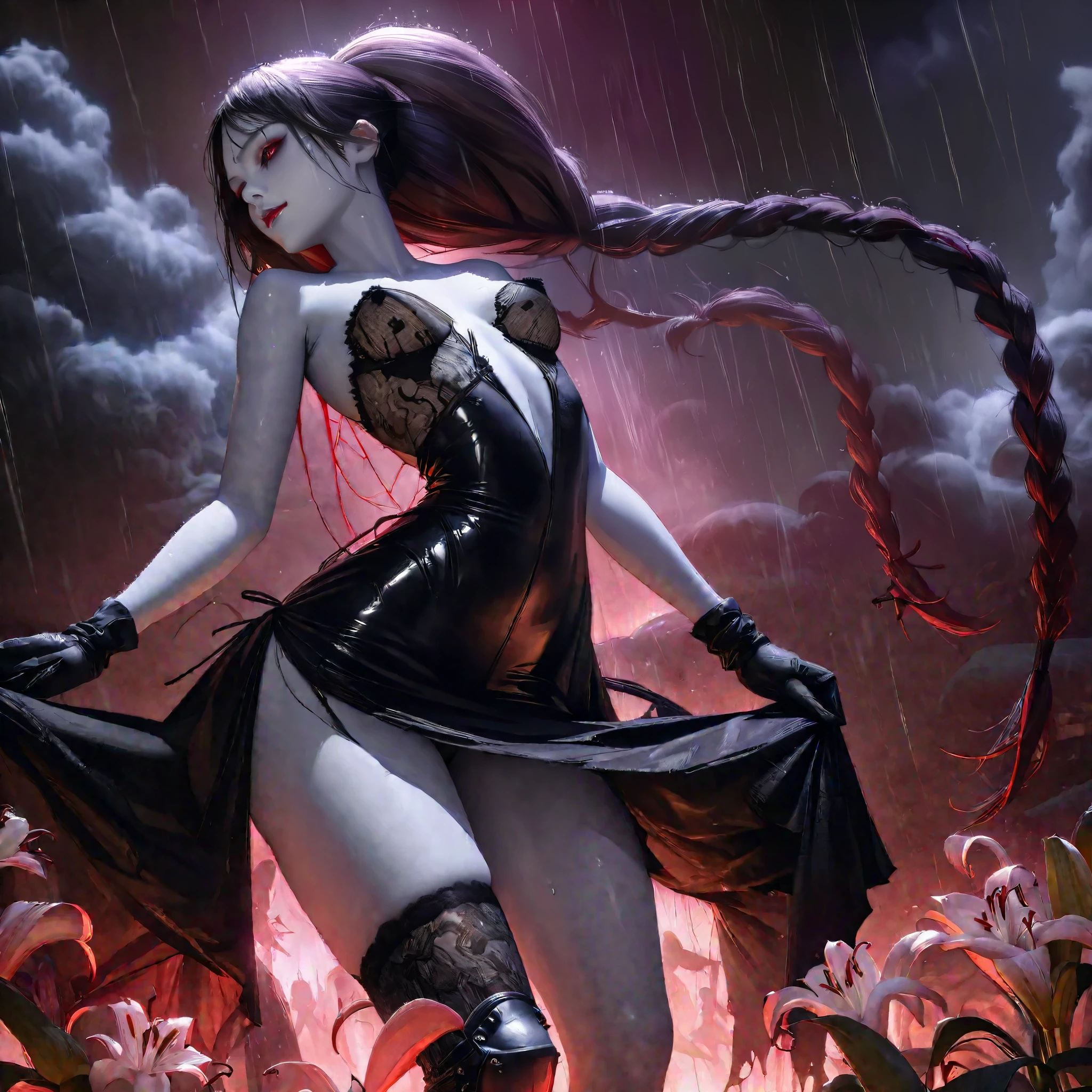 (((Create one girl 16+ years old.), (realistic), (close-up), (stands all tall)), ((Dark and mysterious), (Night, rain blood, gothic anime girl)))_(( (Gothic unusual masterpiece of art)),((ominous clouds, hauntingly beautiful, ethereal moonlight, eerie shadows))_((Beautiful figure, half-turn 16+ years),(realistic)),((small peach breasts, graceful figure, narrow waist, smooth hips)),((long double braids),(tight braids), (braided hair),(dark hair)),((red lips)), ((smile)))_ ((((Shiny skin:1.5, white skin, light skin: 1.5)),((sexy),(erotic),(cute),(nsfw)))_(((Bare shoulders, black lace dress)),(((black chiffon dress, very short dress, tight-fitting), (black), (transparent lace dress)),((stands almost completely naked, tattoos)))_(((Arms in elbow pads, palms in tactical gloves),(bare thighs, stomach )),((legs in combat knee pads, thigh-high stockings)), ((chunky leather lace-up boots)))_(((Impressive artistry, exquisite detail, dramatic lighting, vibrant red hues), (stunning lily flowers, red with black), (sinister lily flowers, strange symbols, surreal elements))_((Strong contrasts, eerie, artistic masterpiece, detailed textures, dark color palette, foreboding horror)))_(((Digital painting, anime style , cyberpunk), (best quality, 4k, high resolution, masterpiece: 1.2)),((ultra detail)),((realistic, photorealistic, photorealistic: 1.37)))_(((Soft clear shapes, wide strokes, attention to details)))_(((High quality, 16K | Ultra HD | Full HD))).