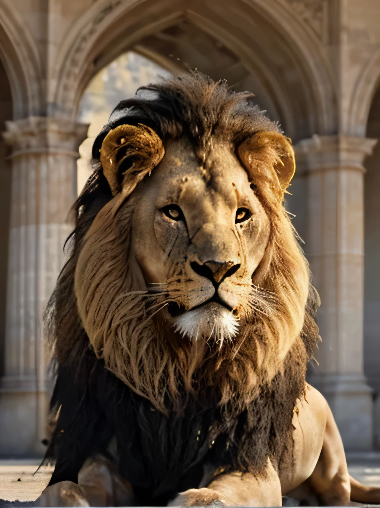 Tête de lion clair au visage intenses et majestueux, une grande couiffe d'indien en grande plume et perles