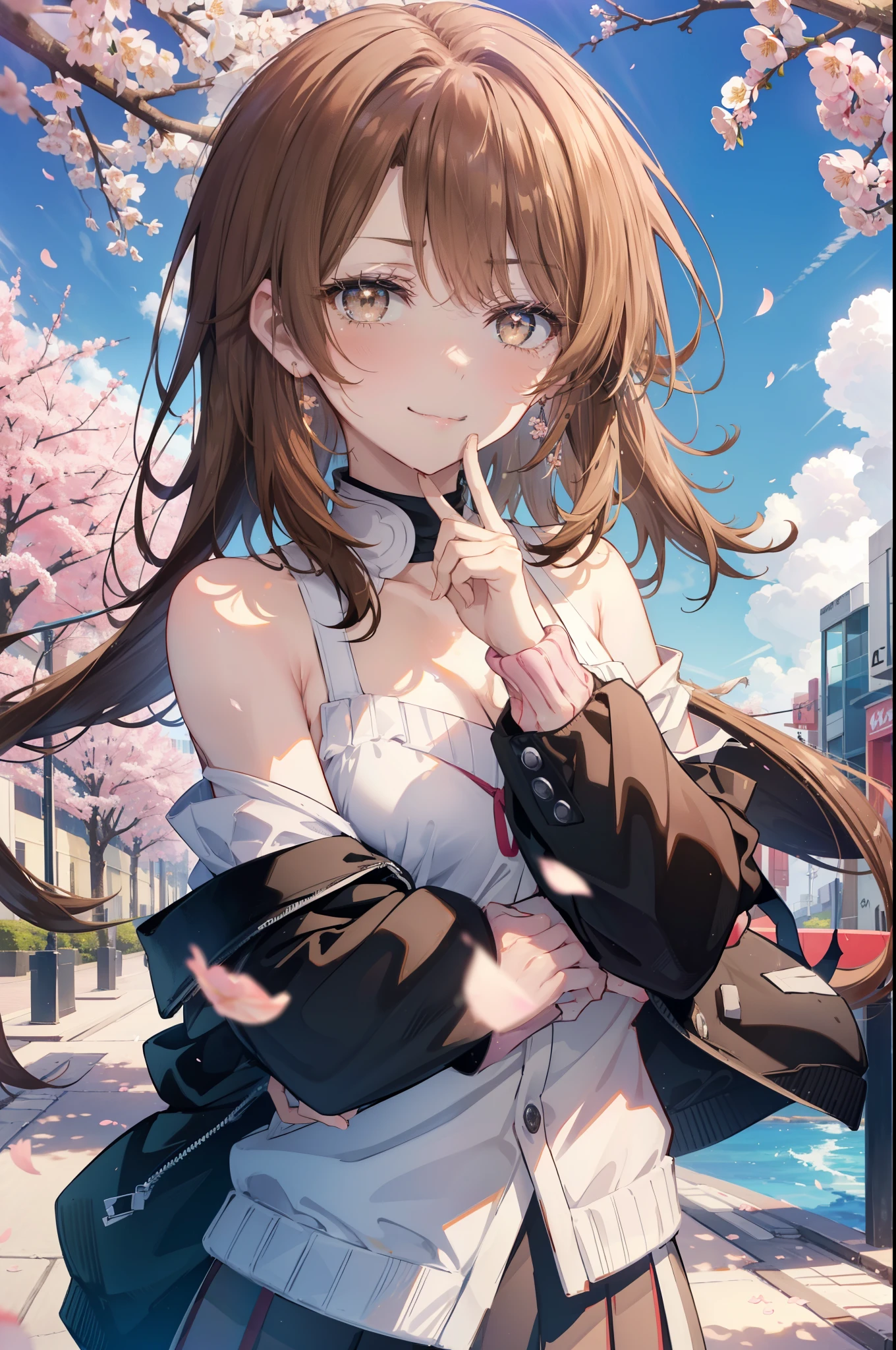 irohaisshiki, iroha isshiki, long hair, brown hair, (brown eyes:1.5), happy smile, smile, open your mouth,Put your hand over your mouth and make a peace sign,towards the camera,off shoulder sweater,bare shoulders,bare clavicle,naked neck,black long skirt,black tights,short boots,cherry blossoms are blooming,Cherry blossoms are scattered,
break indoors, Cherry blossom tree-lined path,
break looking at viewer,Upper body,
break (masterpiece:1.2), highest quality, High resolution, unity 8k wallpaper, (shape:0.8), (fine and beautiful eyes:1.6), highly detailed face, perfect lighting, Very detailed CG, (perfect hands, perfect anatomy),