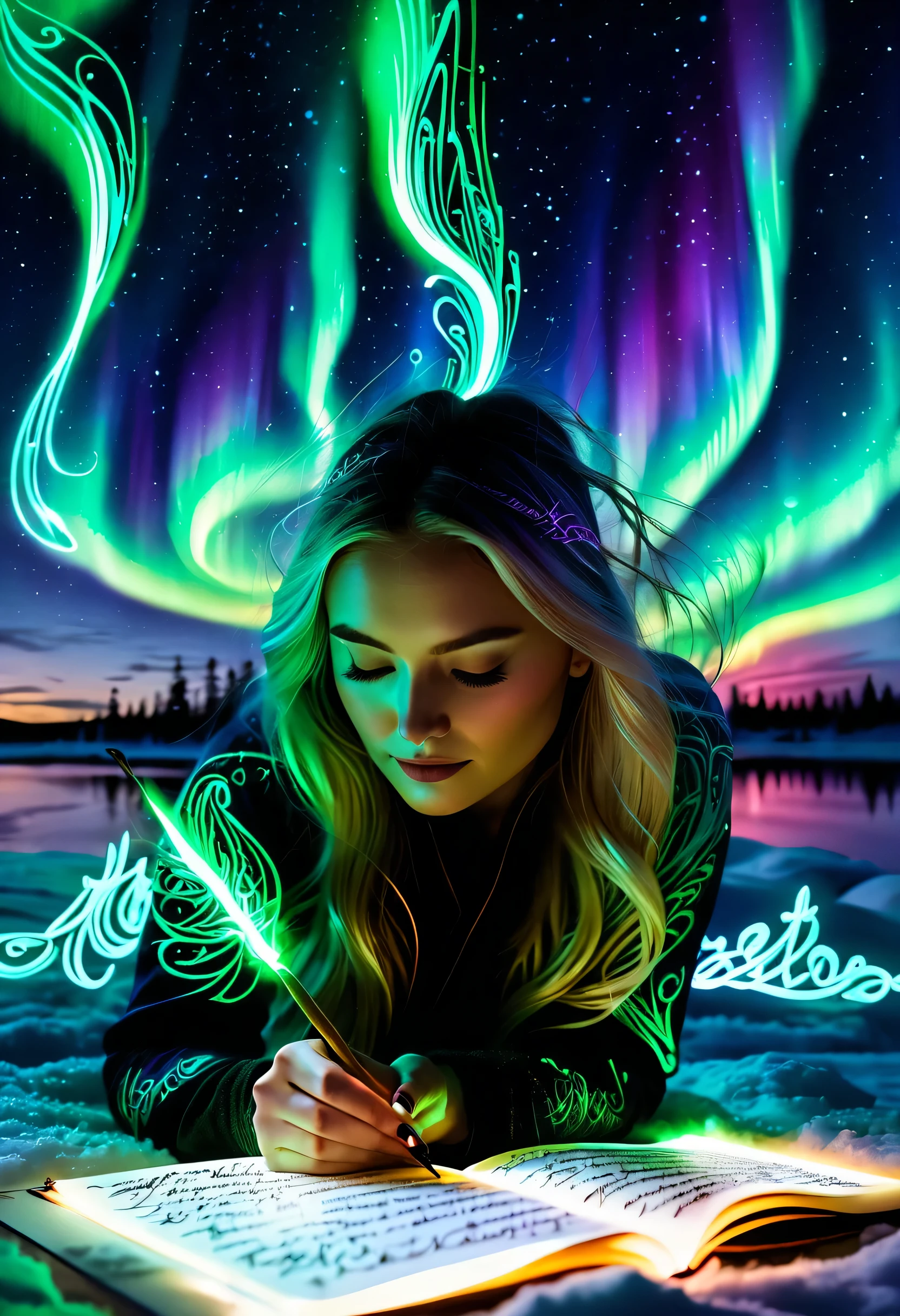 A young, stunning woman is enveloped in luminescent calligraphy that captures the ethereal glow of the Northern Lights, creating an aura perfect for crafting spells of illumination and protection
