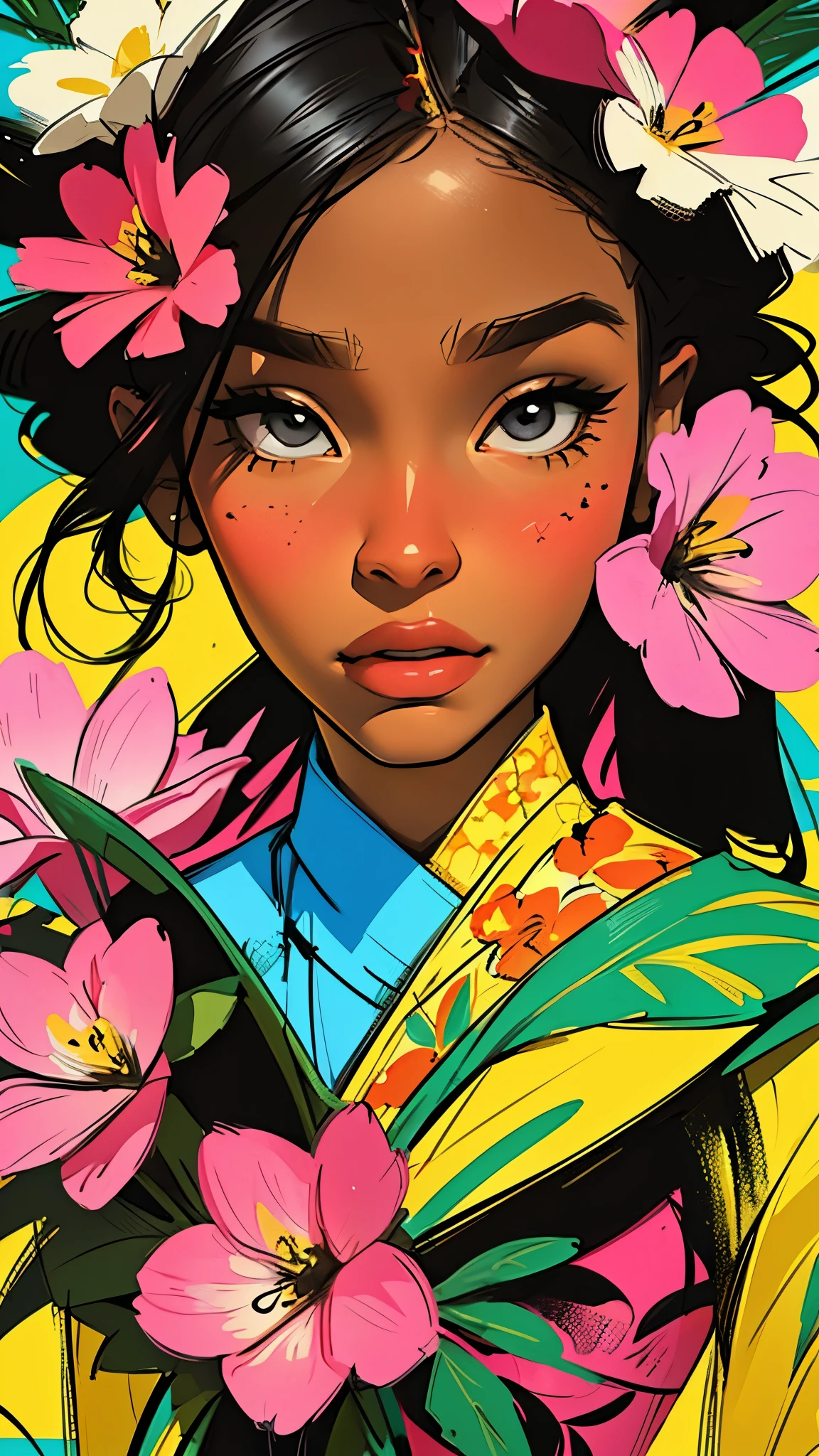 Create digital artwork in pop art style, Featuring vibrant and confident young African girls,Street fashion, Movie color schemes, Surrounded by vintage floral motifs, Vivid brush strokes,Emotions must be dynamic, Upper body, Drawing, Illustration, grayscales, Tropical, Many flowers,