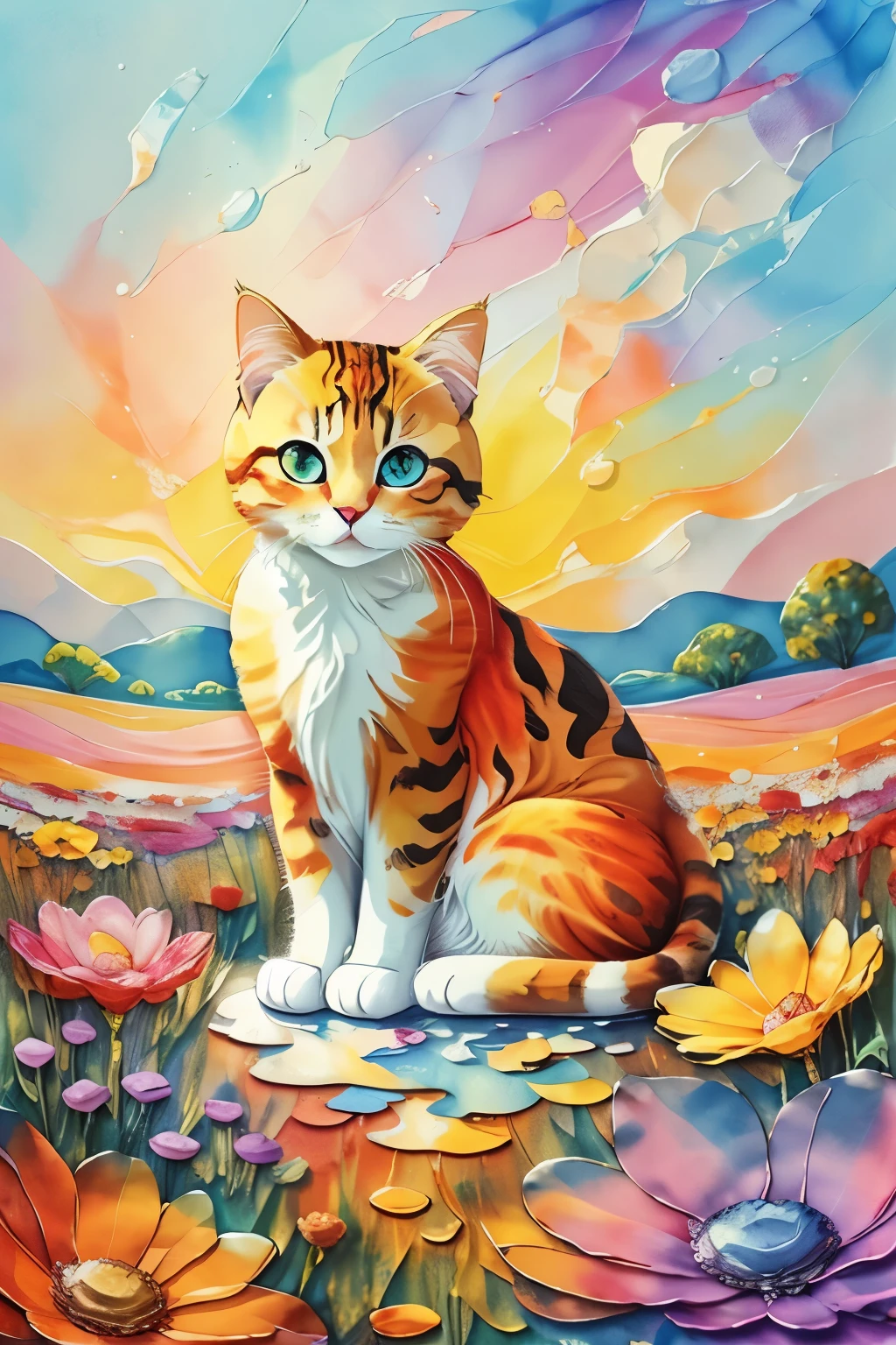 cute cat, sunrise, flower field, Alcohol ink and impasto mixing, thunderclap, yang08k, fair, rich and colorful, masterpiece, top quality, best quality, official art, fair and aesthetic,