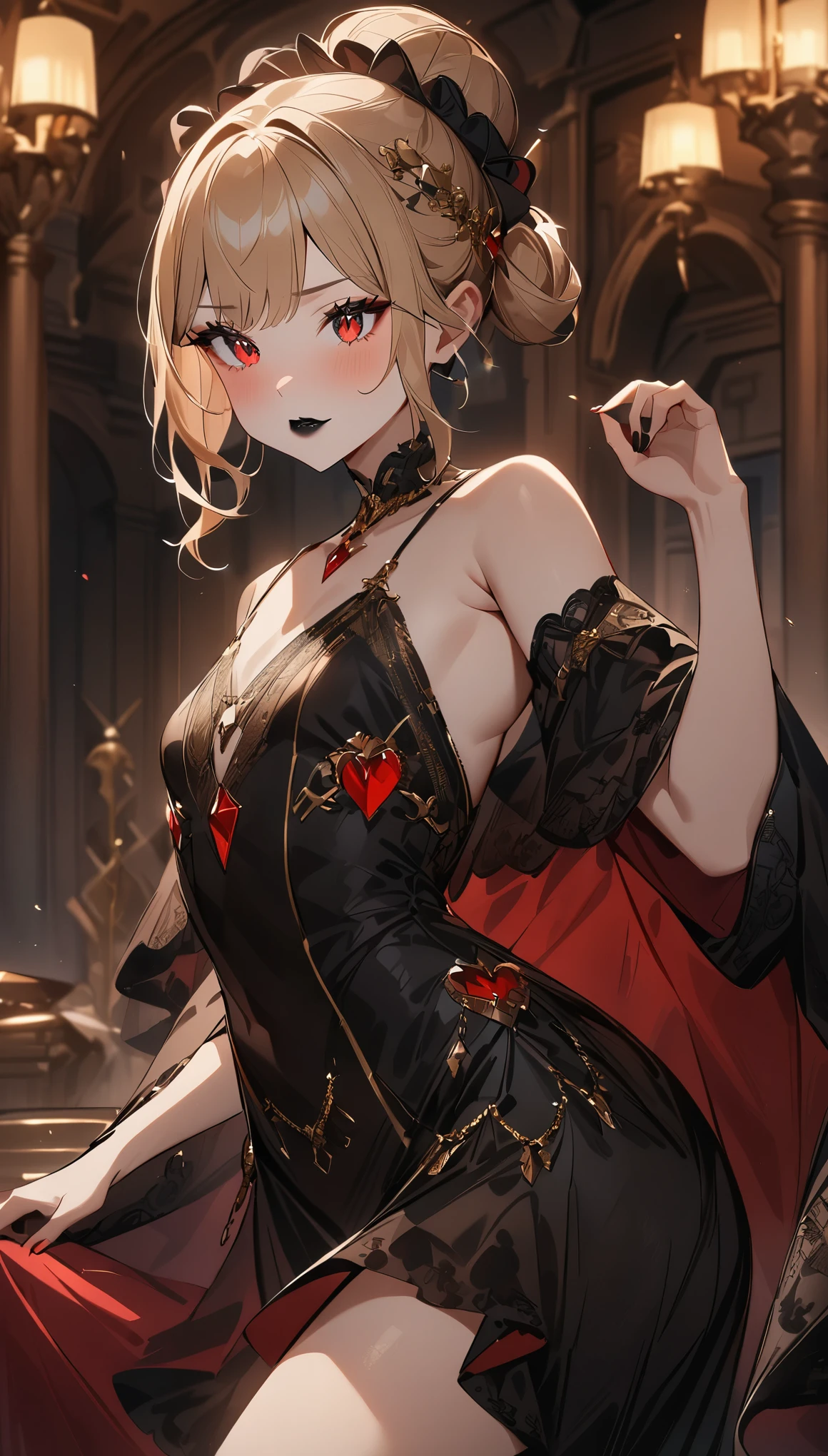 one girl、unparalleled beauty、cute face、red face、fine eyes、(((vampire、crimson eyes、black lips、No expression)))、dark fantasy、Drifting eroticism、bun hair、blonde、classy dress、small breasts、ancient capital、dark drawing room、luxurious ornaments、dark lighting、dark lighting、masterpiece、highest quality、super resolution、best image quality、Super detailed