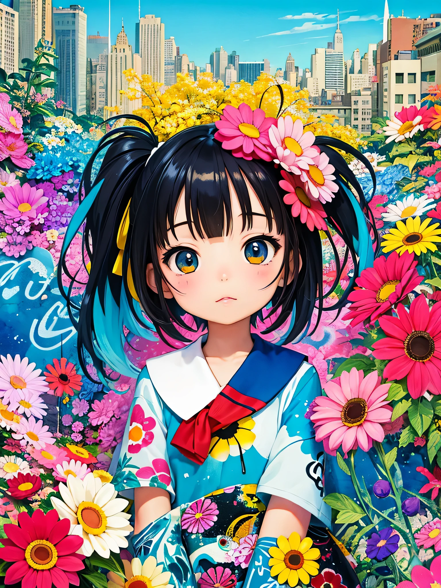 8K quality, Takashi murakami&#39;illustration of, intense watercolor, watercolor detailed art, watercolor splash, surreal, avant-garde pop art, Beautiful and expressive paintings, beautiful artwork illustration of, very colorful tones, wonderful, cool beauty, highest quality,official art, vector art,stylish design, (((cutest girl ever))), (((highest quality))), HDR, ((Detailed details)), (((graffiti art))), ((masterpiece))、((Super detailed))、(((colorful flowers)))、(((new york cityscape)))