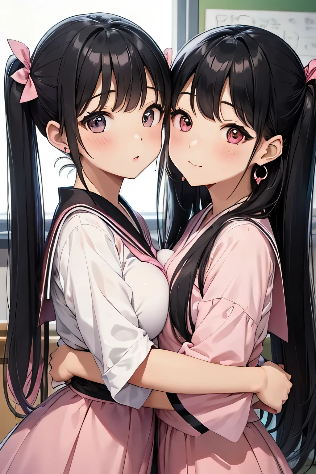 Rivertsukatsuki, River, black hair, (red eyes:1.5),  Bun Hair Floral Headband、Extremely large breasts(4700)、 Two people hugging each other、Lace ランジェリー