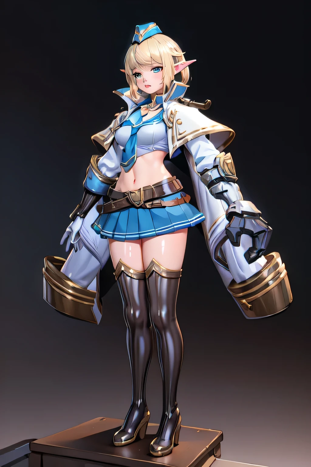 telannas_navy_cadet, 1girl, solo, breasts, looking at viewer, short hair, bangs, blue eyes, parted lips, skirt, blonde hair, simple background, thighhighs, gloves, hat, navel, medium breasts, pleated skirt, boots, parted lips, necktie, pointy ears, midriff, belt, white gloves, miniskirt, high heels, blue skirt, capelet, thigh boots, elf, gauntlets, high heel boots, garrison cap, necktie, pointy ears