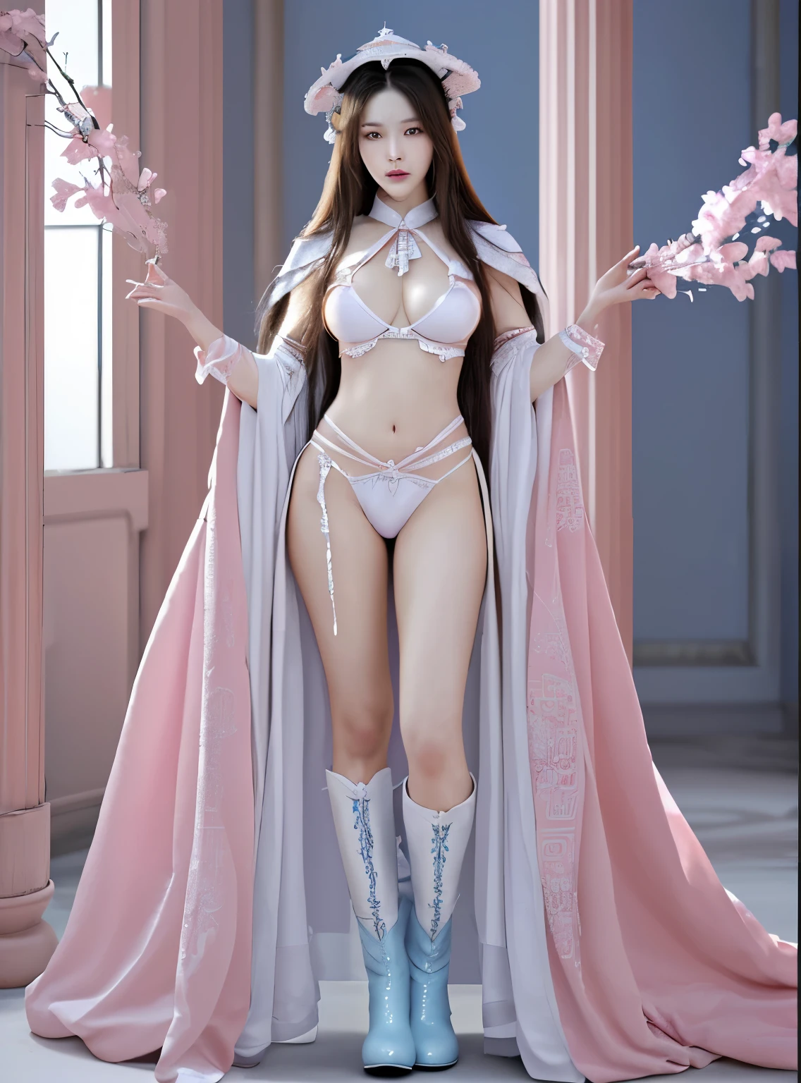 beautiful and delicate woman,The eyes and face are very detailed, exquisite eyes, super detailed, High resolution, The content is very detailed,best quality,EnLightenment,unity,8k wallpaper,masterpiece,best quality,imagine,1 girl,Chinese ancient clothes, Wear sexy white bikini armor,Metal style, big breasts, high cut underwear, 盔甲有圖案Metal style的, Big red priest cloak,priest hat,standing posture,long legs,Put on pink blue and white boots,look at the audience,facing the audience,flowing long hair,Surreal 8000g,Impeccable,masterpiece,professional artwork,famous artwork,Light,movie bloom,perfect face,pretty face,fantasy,Dreamy and magical,not real,intricate details,Exquisite pattern…Korean woman’s face