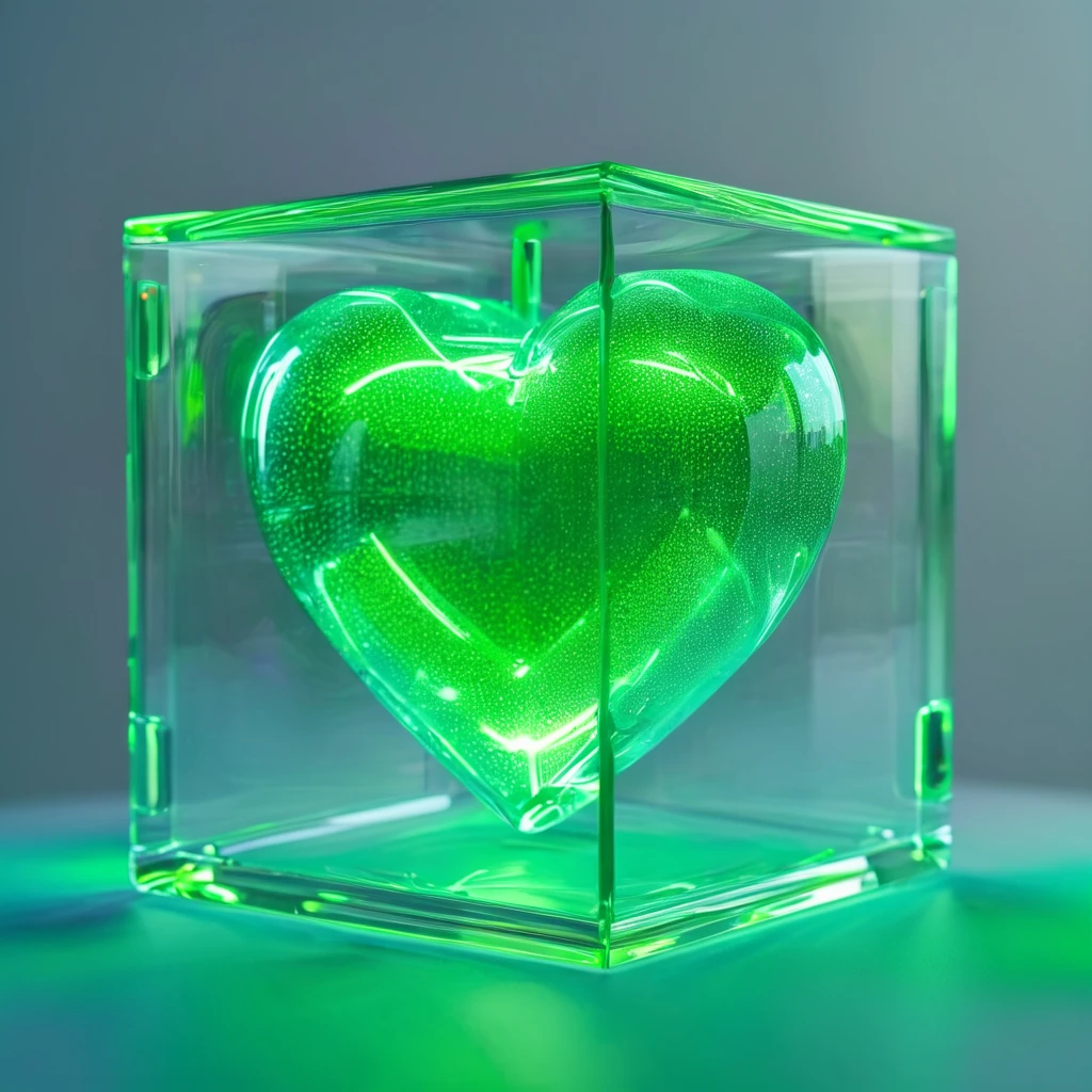 (best quality,8k),ultra-detailed,transparent cube,very detailed cube,inside the cube a very bright neon green heart,blurred background,vivid colors,bokeh