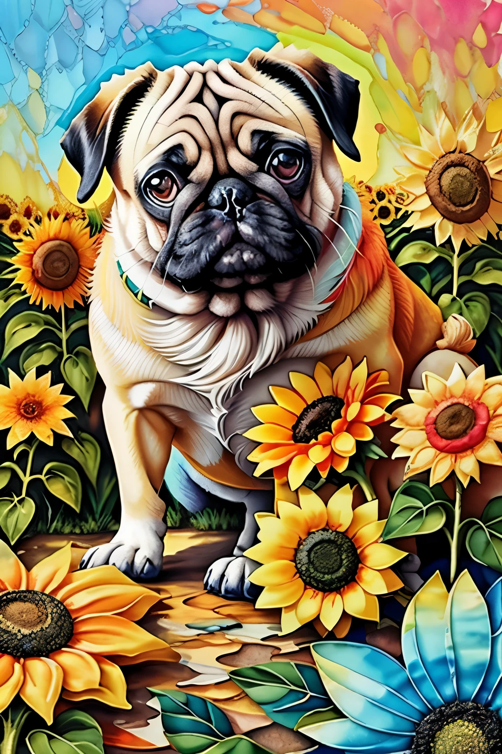 pug, sunrise, flower field,sunflower, jamaican,Alcohol ink and impasto mixing, thunderclap, yang08k, fair, rich and colorful, masterpiece, top quality, best quality,, fair