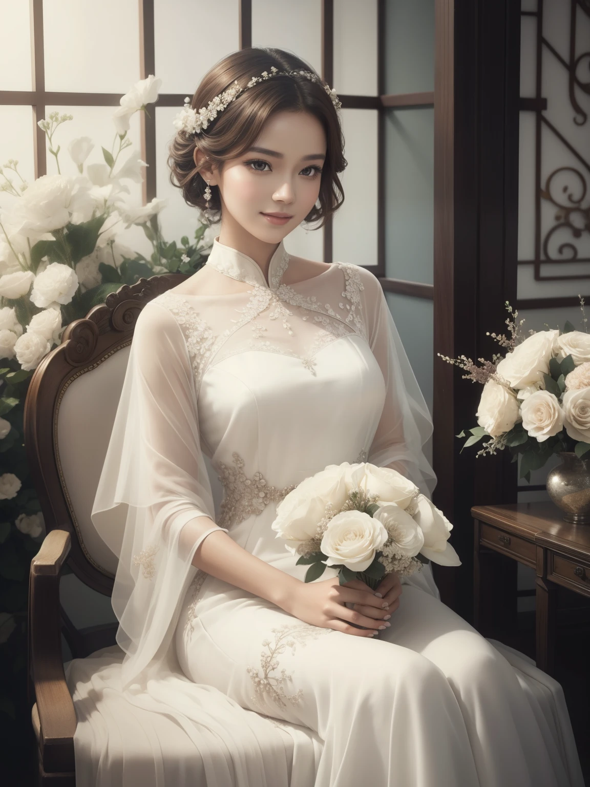 realistic,Brown short hair,smile,An arafi woman wearing a white dress sitting on a chair with a bouquet of flowers, Portrait inspired by Tan Yifeng, tumbler, baroque, soft elegant gown, white hanfu, ethereal fairytale, ethereal and dreamy, ethereal and dreamy theme, dreamy and ethereal, ethereal beauty, romantic gown, ethereal!!!!!!!, incredibly ethereal, very ethereal, ethereal!!!, white gown