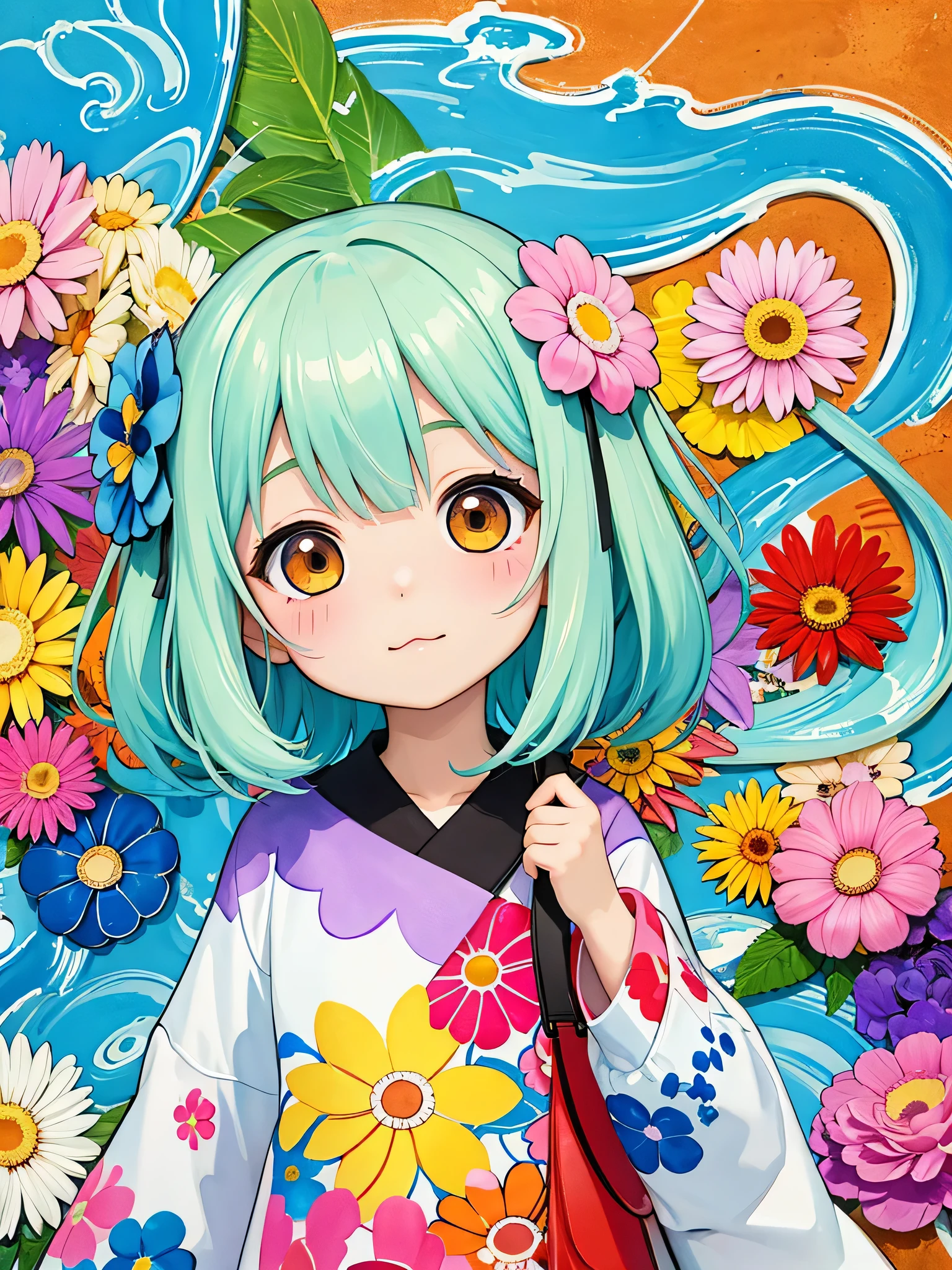 8K quality, Takashi murakami'illustration of, intense watercolor, watercolor detailed art, watercolor splash, surreal, avant-garde pop art, Beautiful and expressive paintings, beautiful artwork illustration of, very colorful tones, wonderful, cool beauty, highest quality,official art, vector art,stylish design, (((Chibi)))、(((cutest girl ever))), (((highest quality))), HDR, ((Detailed details)), (((graffiti art))), ((masterpiece))、((Super detailed))、(((colorful flowers)))、(((Kobe)))