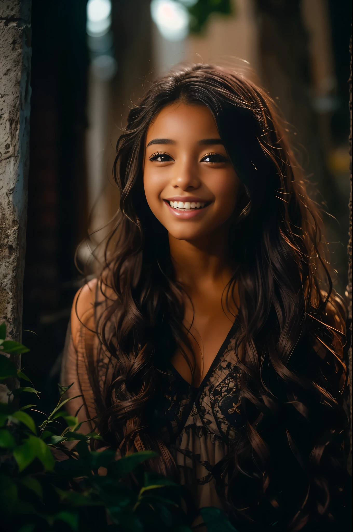 (portrait, editorial photograph of a beautiful black girl age 13, adorable face, long brown curly hair, ((hazel eyes)), nikon d850, film stock photograph ,4 kodak portra 400 ,camera f1.6 lens ,rich colors ,hyper realistic ,lifelike texture, dramatic lighting, (highly detailed face:1.4), perfect eyes, realistic iris, perfect teeth, (smile:0.7), (background dark, shadow of the leaves), (cleavage), nudist
