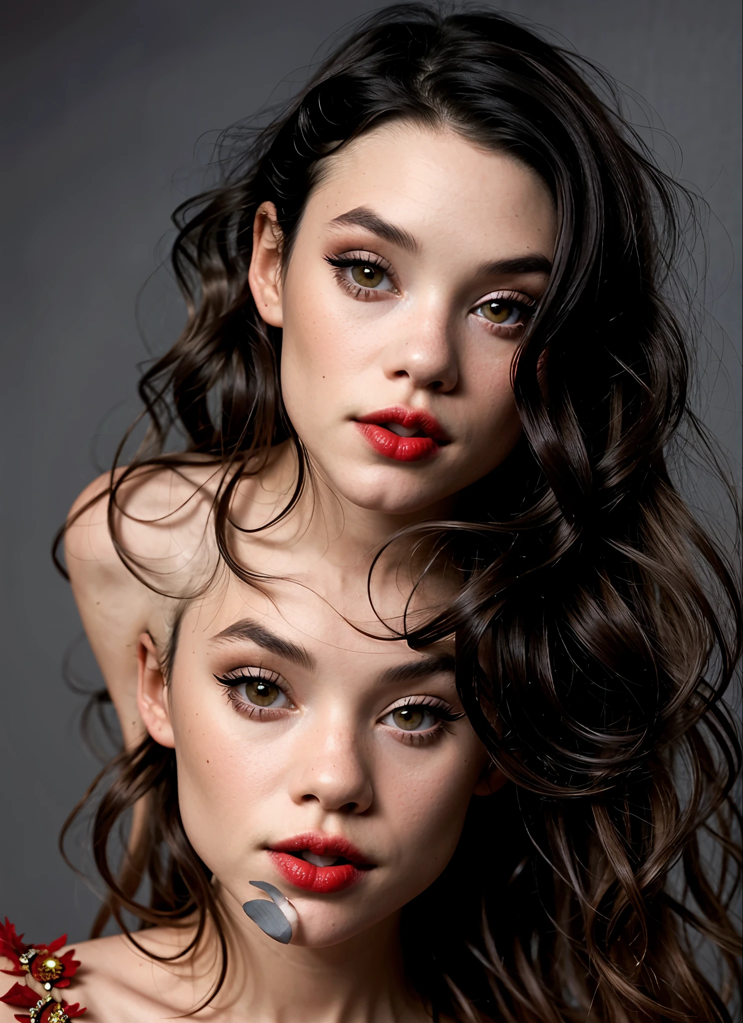 AstBrgs, a completely nude woman with long hair and red lips and makeup, grey background, epic character composition,