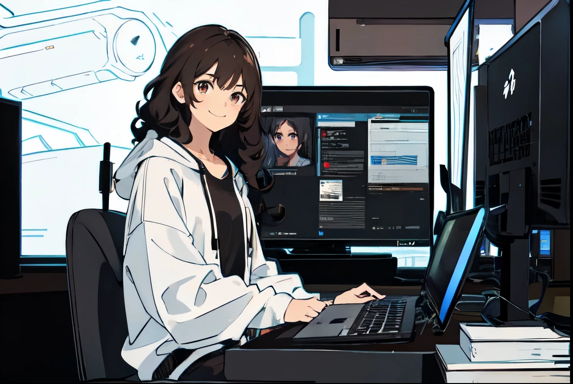 (melhor qualidade), (mais detalhado), black girl, black curly hair, black sweatshirt, smile, dark brown eyes, sitting in front of computer, tablet display