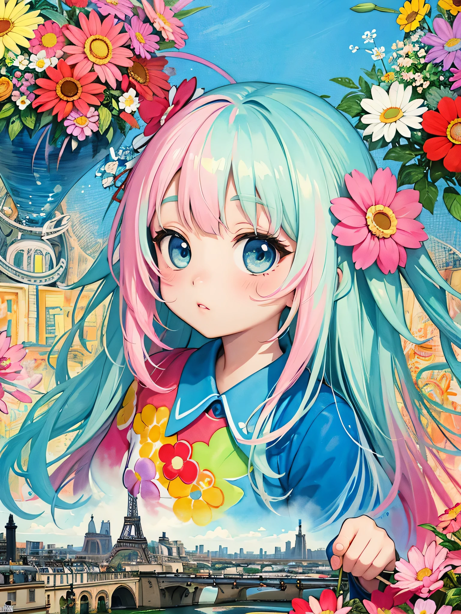 8K quality, Takashi murakami stylw, kawaii design, intense watercolor, watercolor detailed art, watercolor splash, surreal, avant-garde pop art, Beautiful and expressive paintings, Beautiful artwork illustration, very colorful tones, wonderful, cool beauty, highest quality,official art, vector art,stylish design, (((cute girl))), (((highest quality))), HDR, ((Detailed details)), (((graffiti art))), ((masterpiece))、((Super detailed))、(((colorful flowers)))、(((Paris cityscape)))