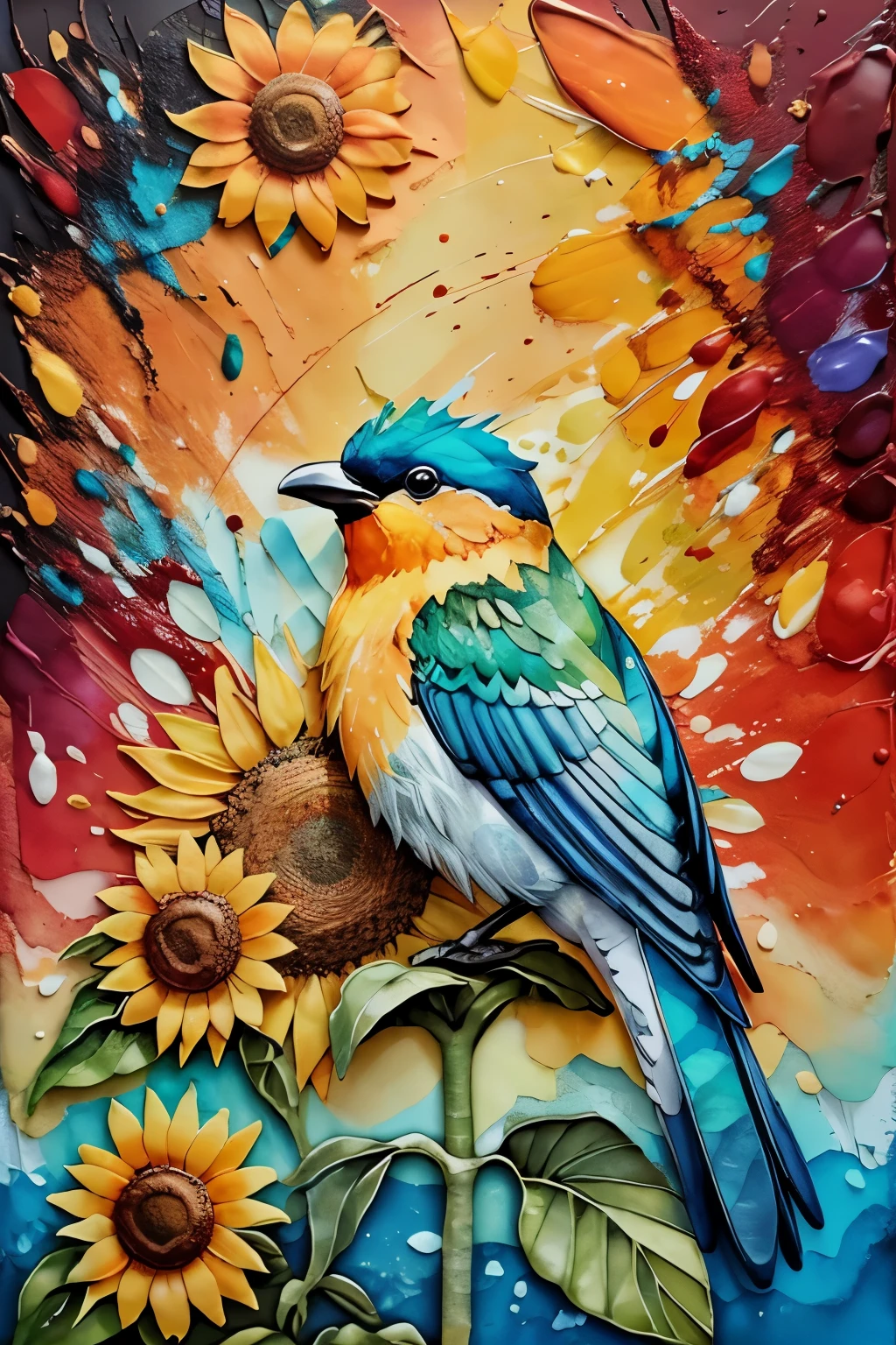 bird, jamaica flag background，sunrise, flower field,sunflower， Alcohol ink and impasto mixing, thunderclap, yang08k, fair, rich and colorful, masterpiece, top quality, best quality,,