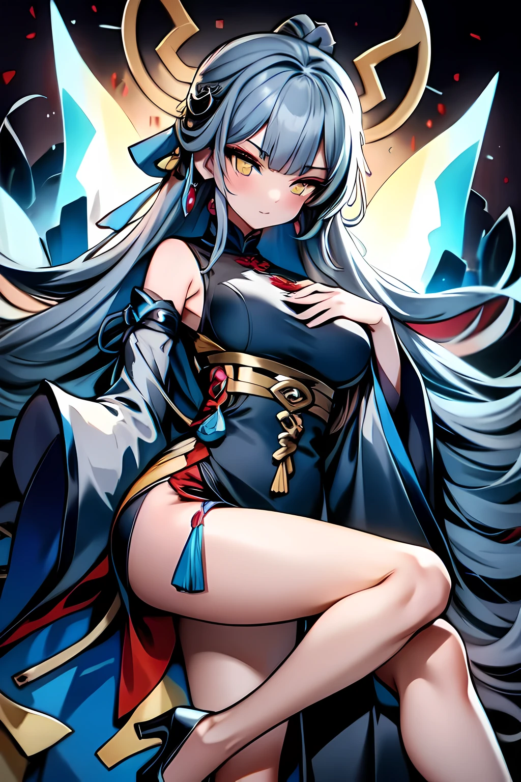 yue, 1girl, solo, high heels, long hair, bluish gray hair, bangs, yellow eyes, beautiful, Chinese dress, big breasts, white background