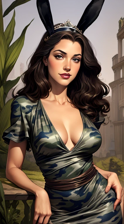 uma obra-prima, Melhor qualidade, woman wearing a gray militar camouflage dress,rabbit ears tiara,Druuna,fake eyelashes,fleshy lips,looking to observer, little smile,light gray pantyhose,Paolo Serpieri Arte, Luis Royo Arte, milo manara arte, Bernie Wrightson arte, SCENARIO florish florest background