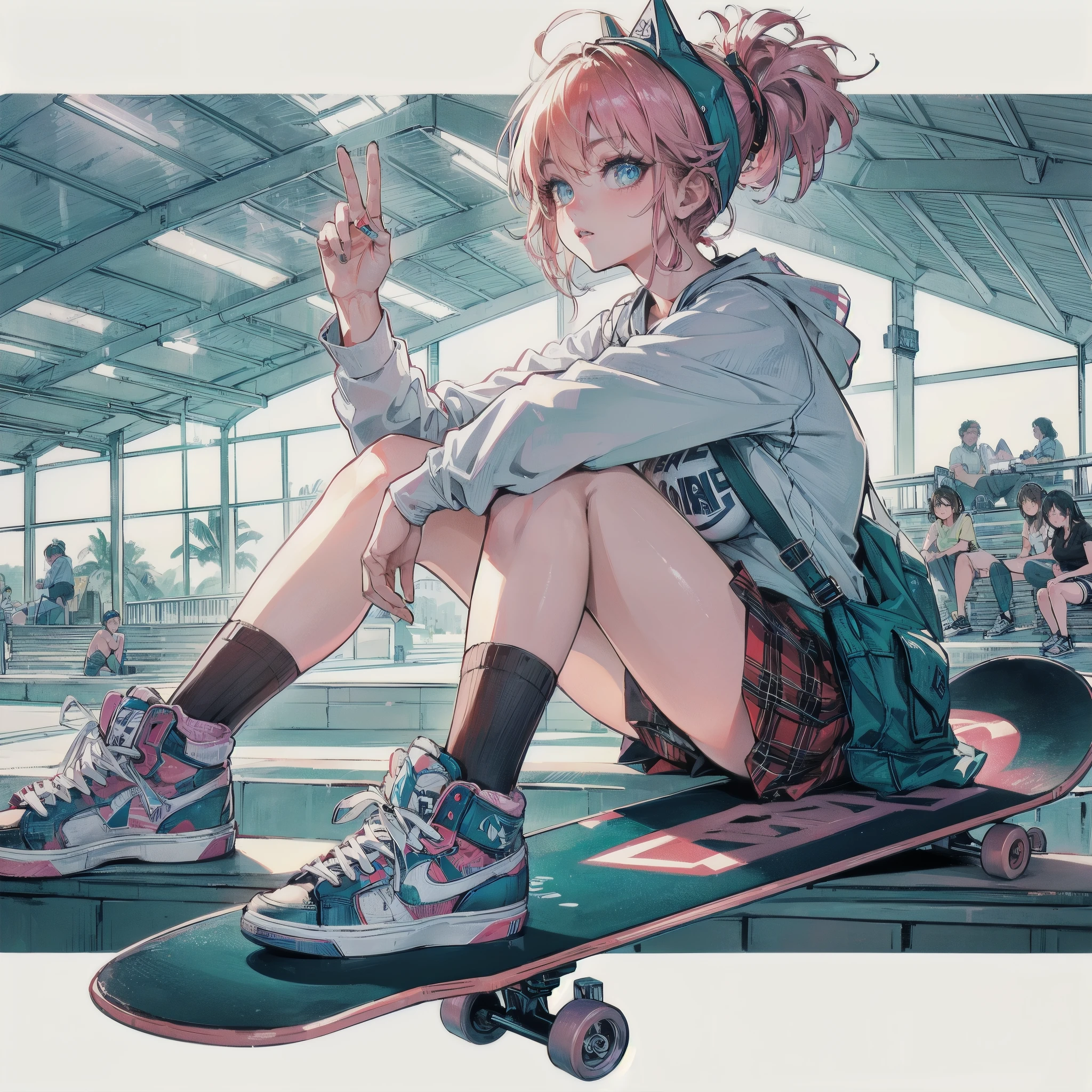 high quality,HD,16k,sharp lines,1 girl,Female skateboard athlete ,cute face, large breasts, nice legs,At the skateboard venue,focus girl,detailed beautiful face,detailed clothes,beautiful eyes,cool,dynamic angle